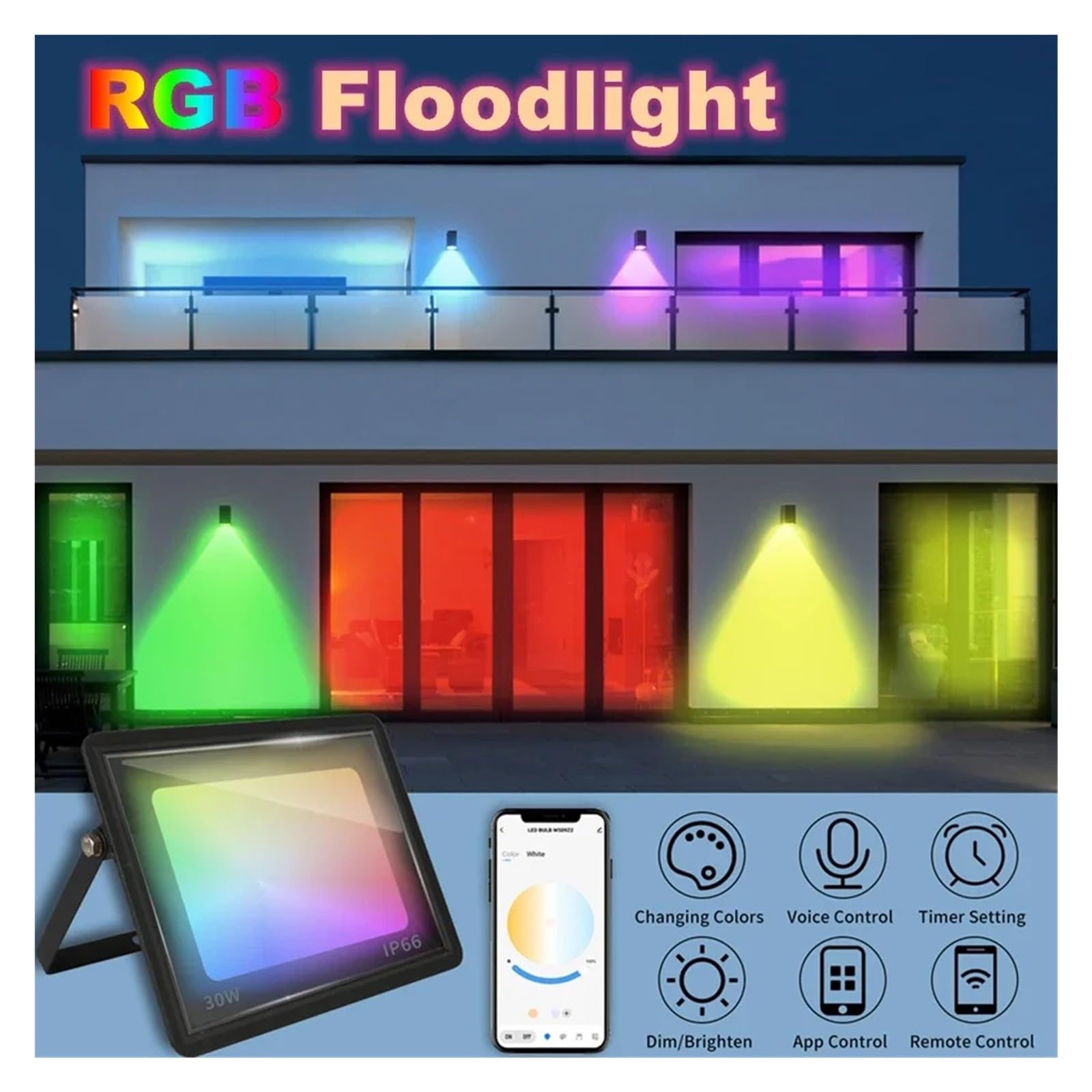 Luce di inondazione a LED per esterni Proiettore RGB Smart APP Controllo vocale RGB CW 3000K-6500K 30W 50W 100W for faretti for illuminazione esterna for feste in giardino per Festival, Feste, Sarchia