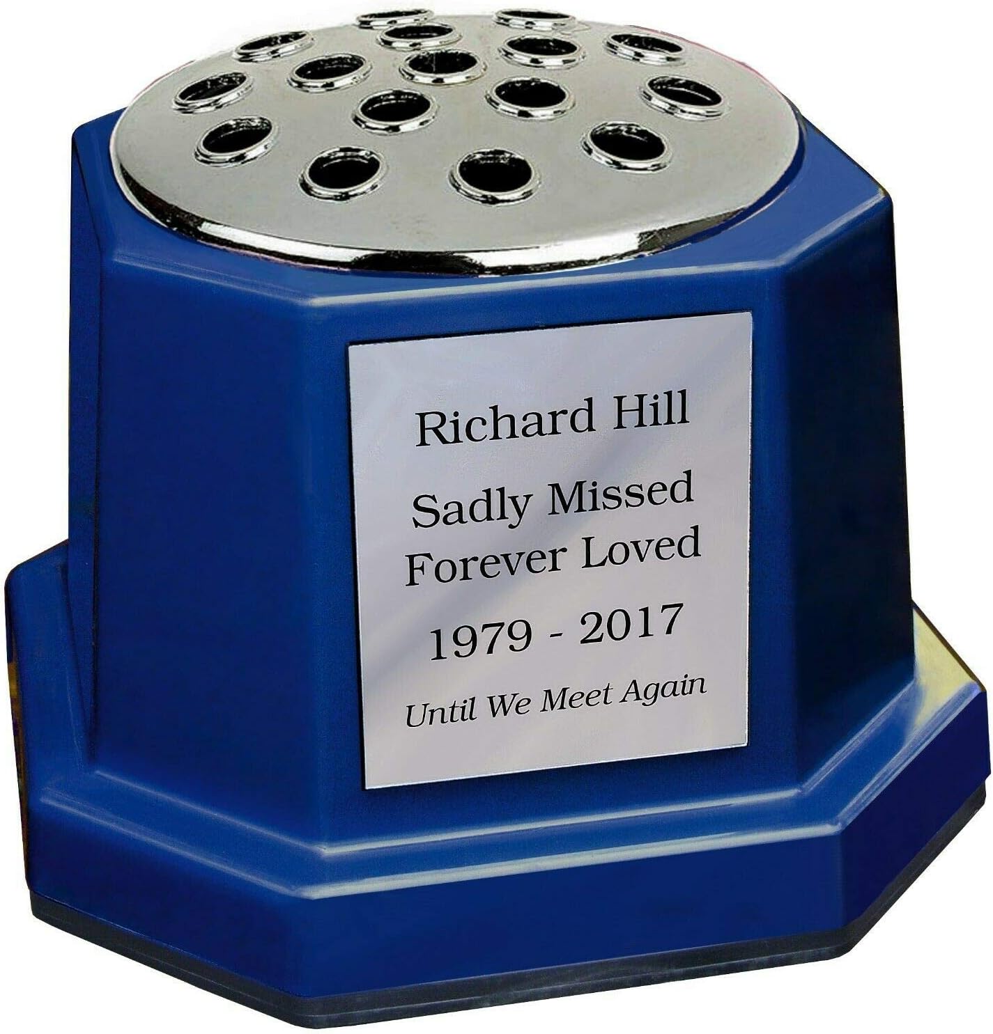 Personalised Blue Graveside Memorial Vase, Flower Pot Holder, Laser