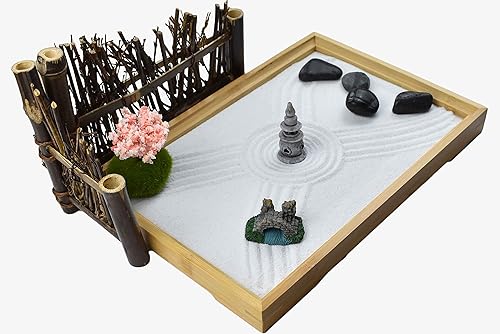 Miniatura 3 de Artcome Jardín de arena zen japonés para escritorio con rastrillo, soporte, rocas y mini artículos de mobiliario - Accesorios de mesa de oficina,