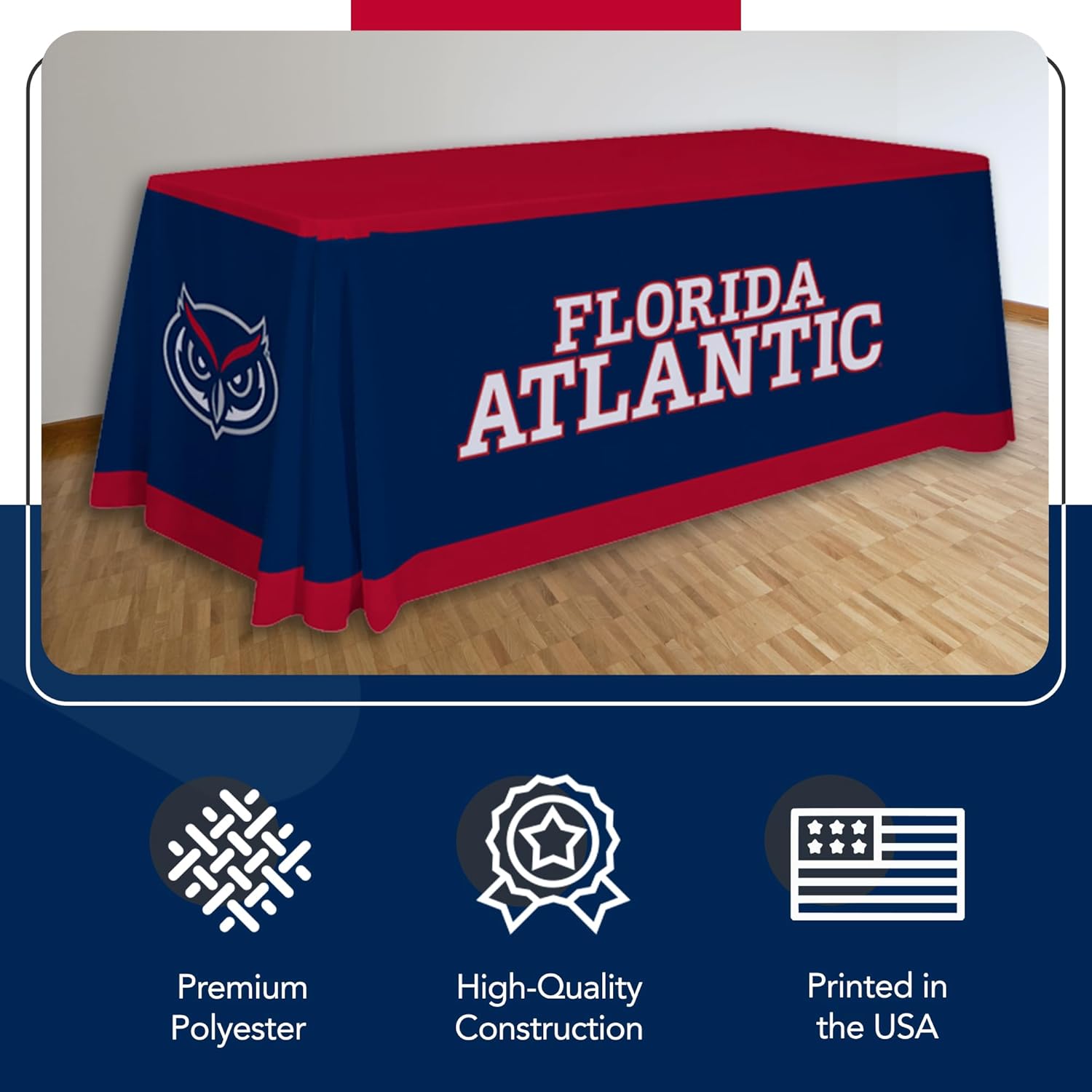 Florida Atlantic Owls College Sports Printed Table Throw - NCAA Licensed - Polyester - School Tablecloth (Blue, Red, White) (6' Draped)