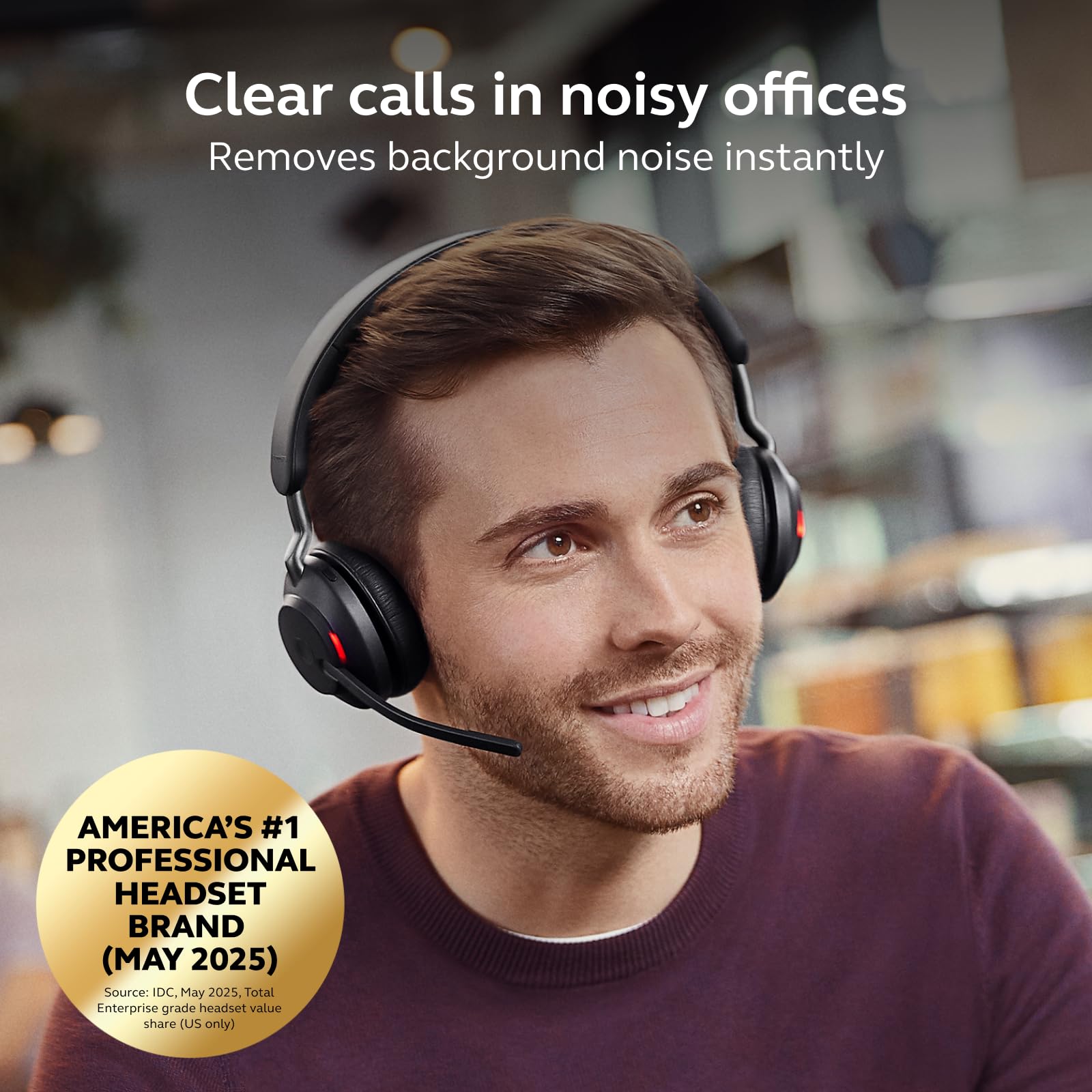 Jabra Evolve2 65 Bluetooth Wireless Headset con microfono per chiamate e musica, cuffie dual-ear con adattatore USB-A e supporto di ricarica, fino a 37 ore di batteria, funziona con app per riunioni