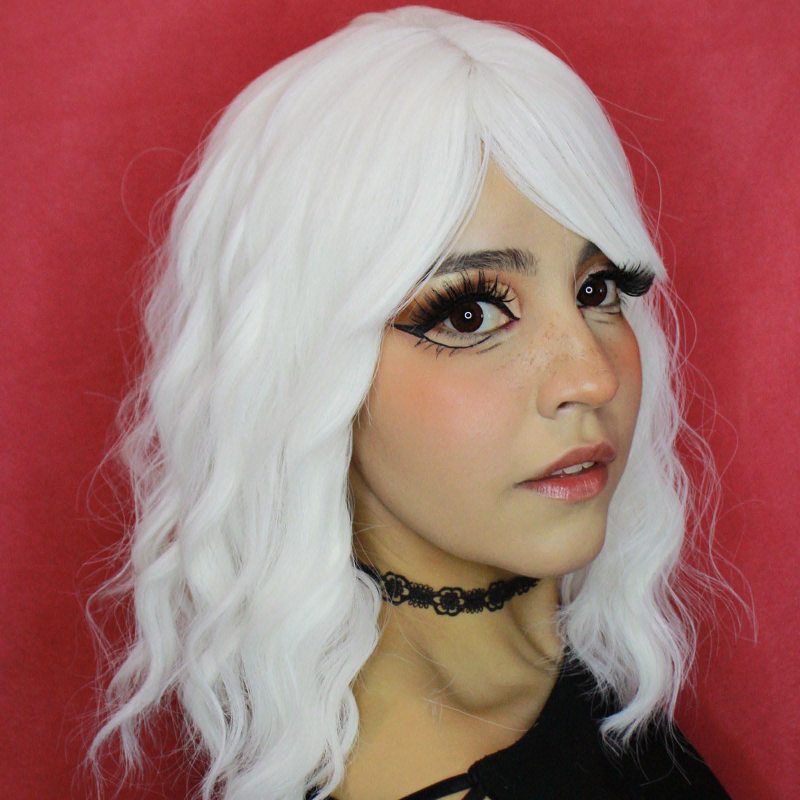 HAIRUP Wig with Bangs for Women: Short Wavy Curly White Wig, 14 Inch Shoulder Length, Perfect for Parties & Cosplay