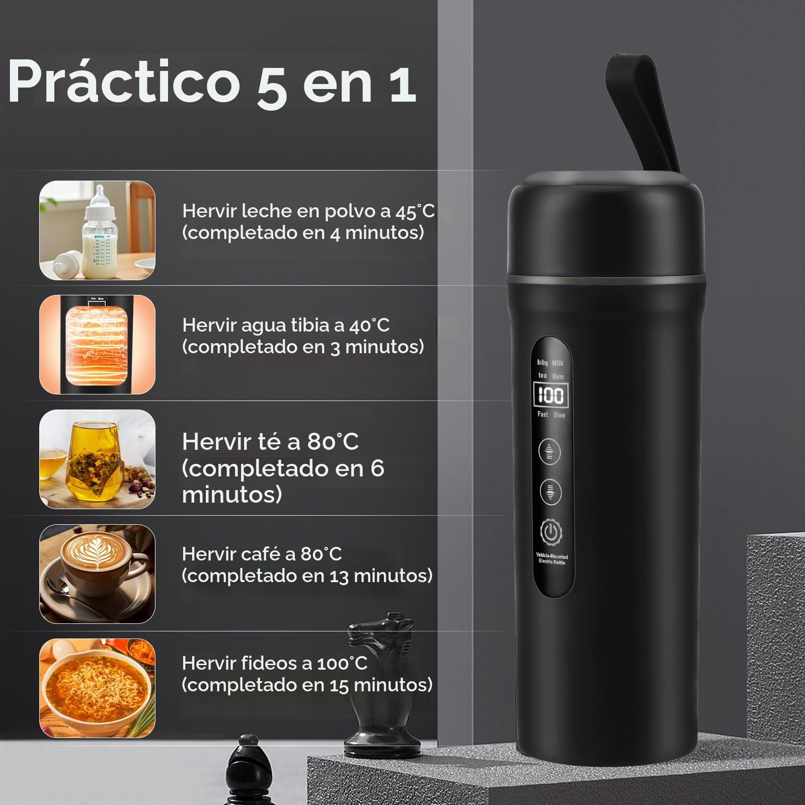 Hervidor eléctrico para coche de 12V/24V, pequeño hervidor de agua eléctrico para viajes, hervidor de agua portátil de 500ml para preparar café y té, pantalla LCD, taza calefactora para auto(Black)