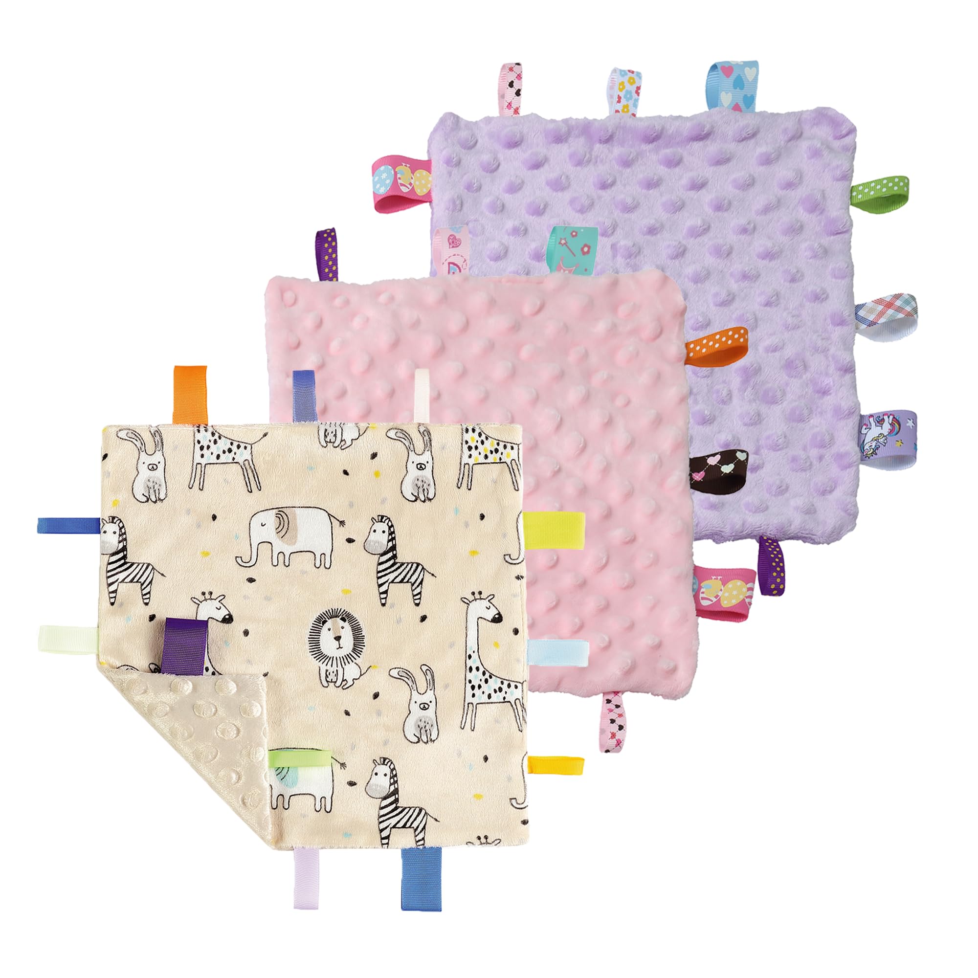 CREVENT Tag Security Blankets for Babies, Soft Small Loveys for Boys, Baby Comforter Sensory Blanket, Great Gifts for Birthday Baby Shower (10"X10" Zoo + Pink + Purple)