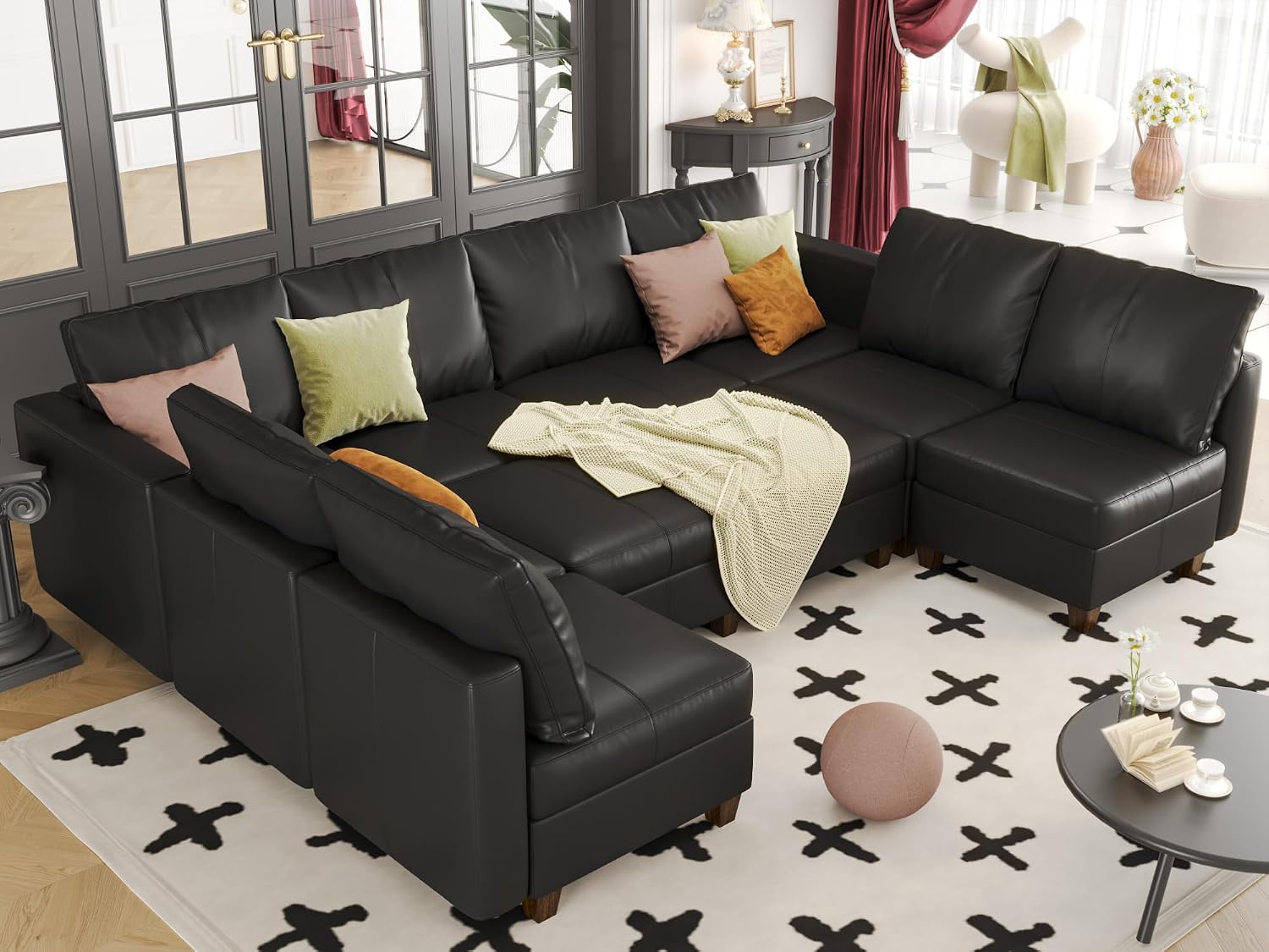 EASE MOOSE Faux Leather Sectional Couch with Storage,Black U Shaped Faux Leather Modualr Sofa Couch