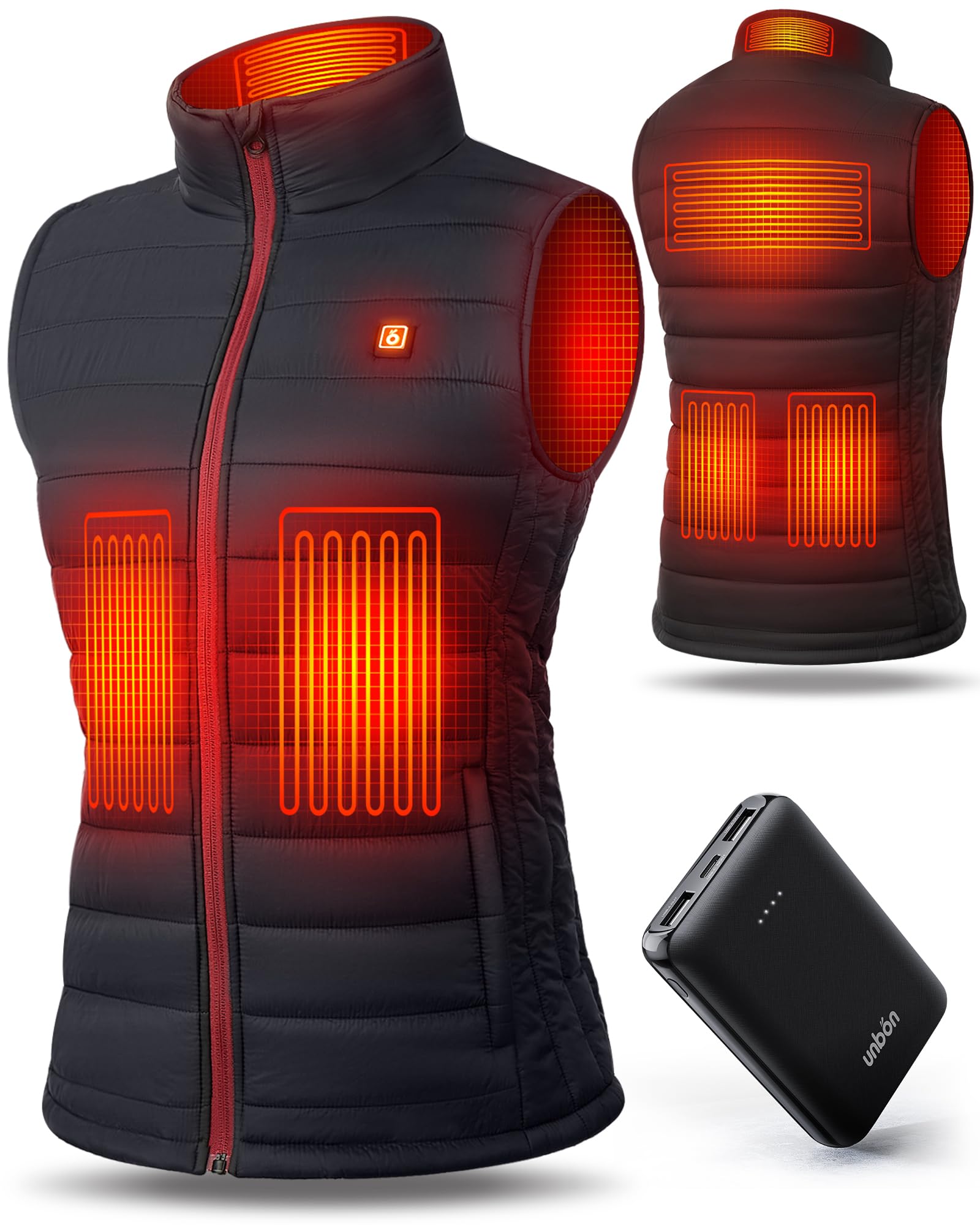 UNBON Gilet Riscaldato Donna con Batteria USB 10000mAh, Giubbotto Riscaldato Donna con 3 Temperature Regolabili 6 Zone di Riscaldamento, Giacca Riscaldata Gilet Riscaldante Elettrico Donna