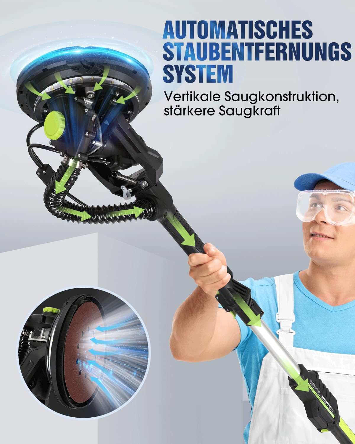 Trockenbauschleifer 900W, Wandschleifer & Deckenschleifer mit Absaugung, 1800 U/min, 6-Stufen Geschwindigkeit, Klappbarer Teleskopstiel, LED-Leuchte, inkl. 12 Schleifblättern
