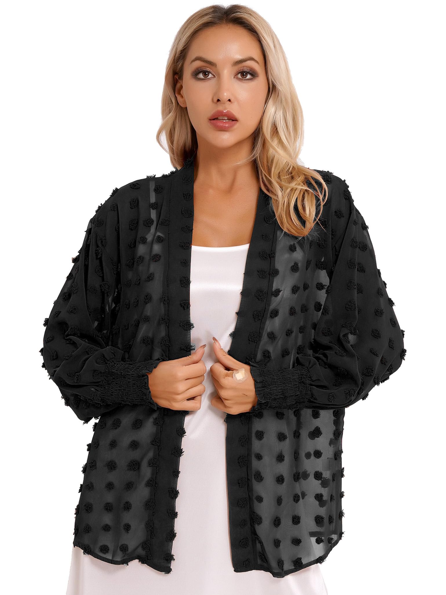 XUNZOO Womens Dots See-Through Chiffon Cardigan Open Front Beach Cover Ups Swimsuit for Bathing Suit