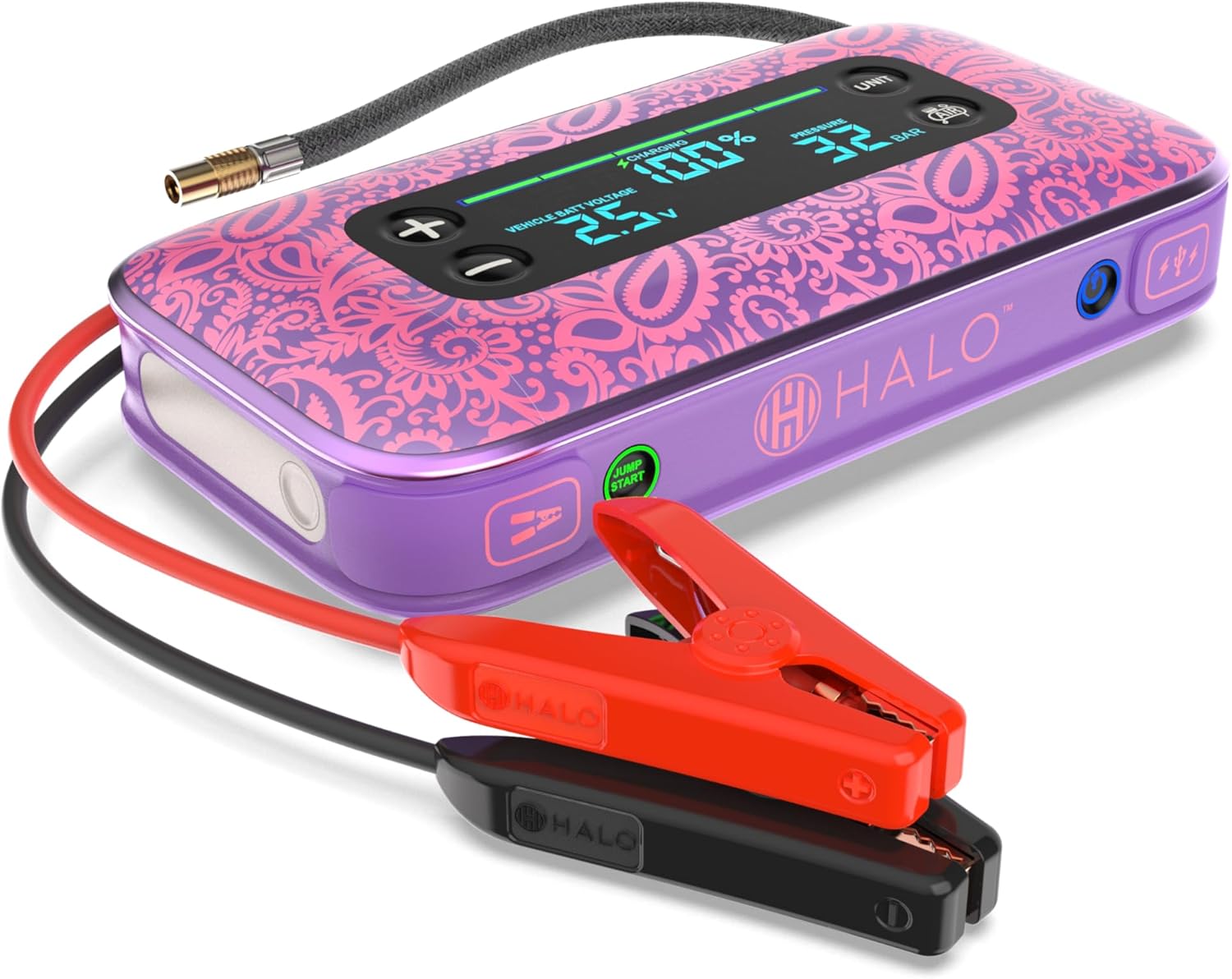 HALO Bolt Air+ 1750 Portable Car Battery Jump Starter | 130 PSI Air Compressor, 59.9Wh USB Power Bank, Large Display, Emergency Floodlight & Charger, Jumps Cars SUVs & Trucks, Inflates Tires — Purple