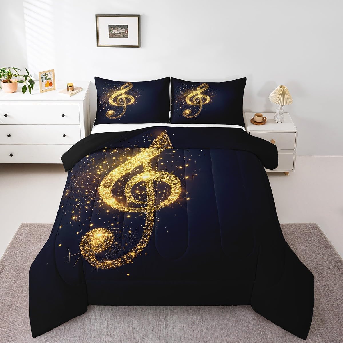 Erosebridal Golden Musical Notes Comforter Set Queen Size,Glitter Dots Duvet Insert for Teens Boys Girls,Music Theme Bedding Set,Modern Fashion Bedroom Decor Black