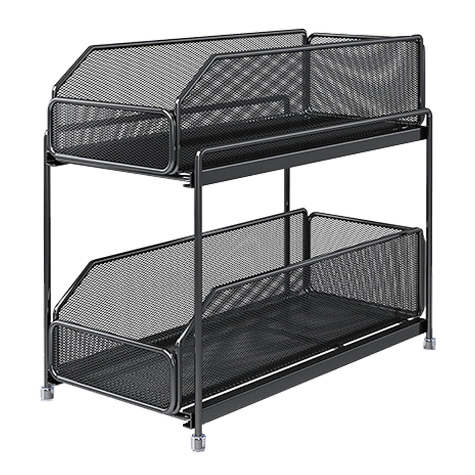 SIYANO Pull out Storage Rack，kitchen Drawer Storage Rack Double-Layer Pull-Out Sundry Storage Rack Under the Sink Countertop for Bathroom Kitchen Office Black