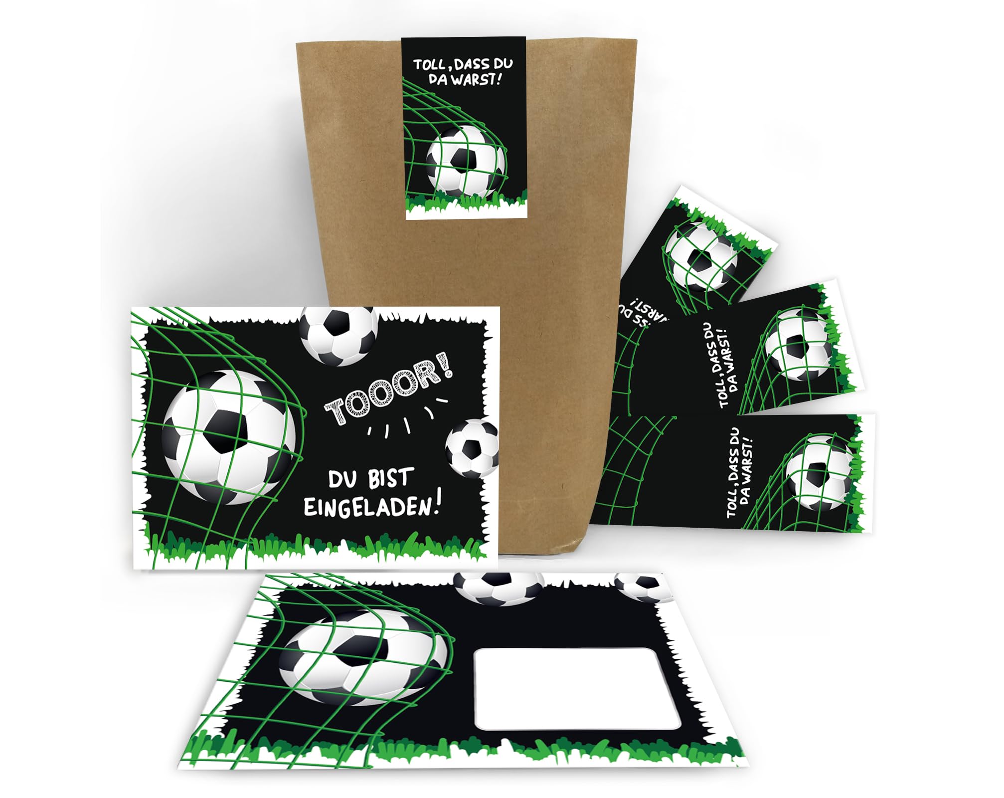 Junaversum 12 Einladungskarten zum Kindergeburtstag Jungen Fussball Fußball incl. 12 Umschläge, 12 Tüten, 12 Aufkleber