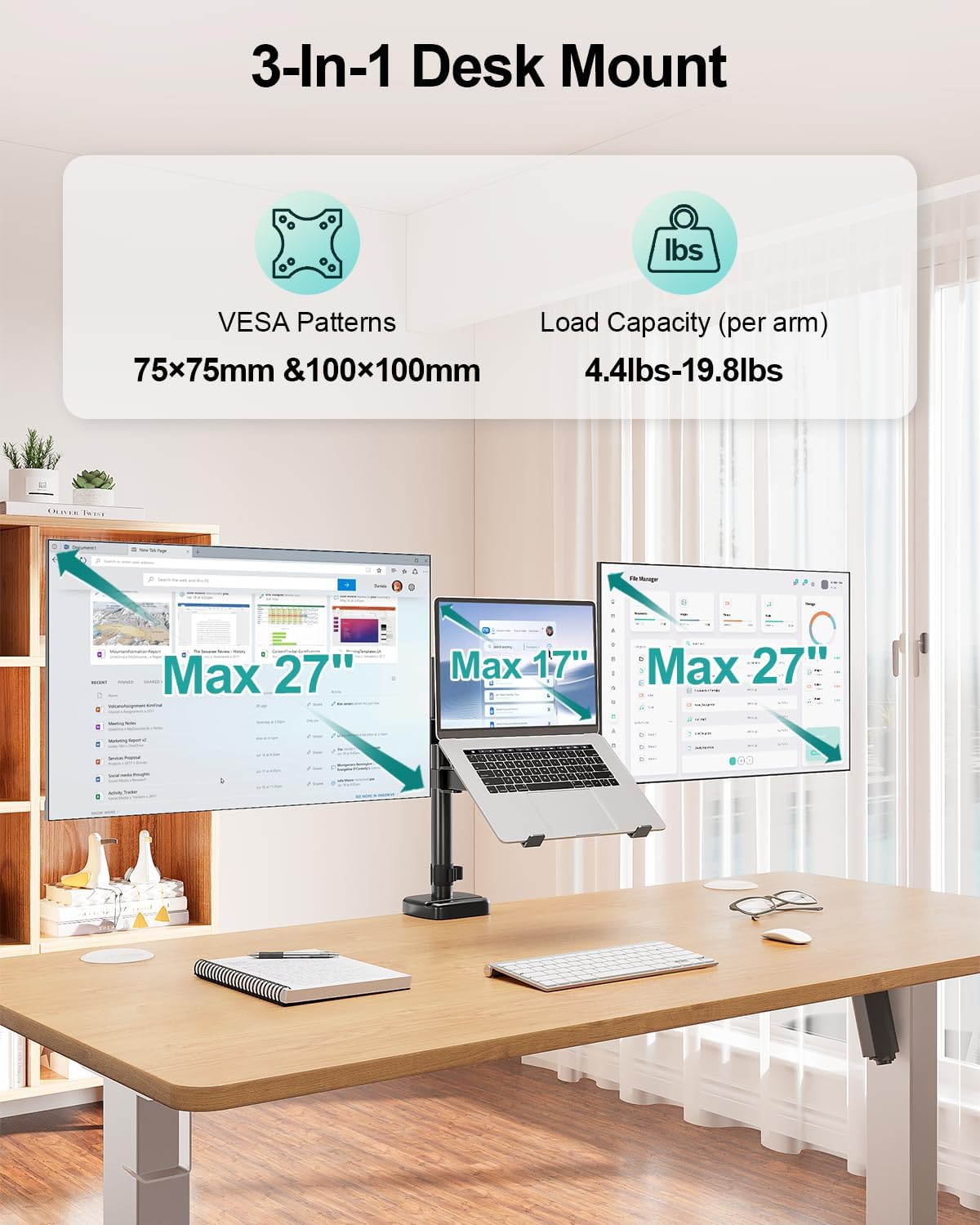 MOUNT PRO Monitor and Laptop Mount for 2 Max 27" Computer Screens, Laptop Tray Fits 10-17inch Notebook, 3-in-1 Adjustable Laptop and Monitor Desk Mount with VESA Bracket 75/100mm