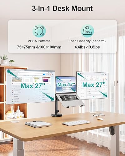 Vista 2 de MOUNT PRO Soporte para monitor y portátil para 2 pantallas de computadora de 27 pulgadas máximo, bandeja para laptop de 10-17 pulgadas, soporte