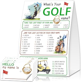 Golf Lover Party Game Set - “What‘s Your Golf Name” Interactive Double-Sided Sign & 30 Name Stickers for 30 Guests, Links Theme Activity for Birthday Party Decorations