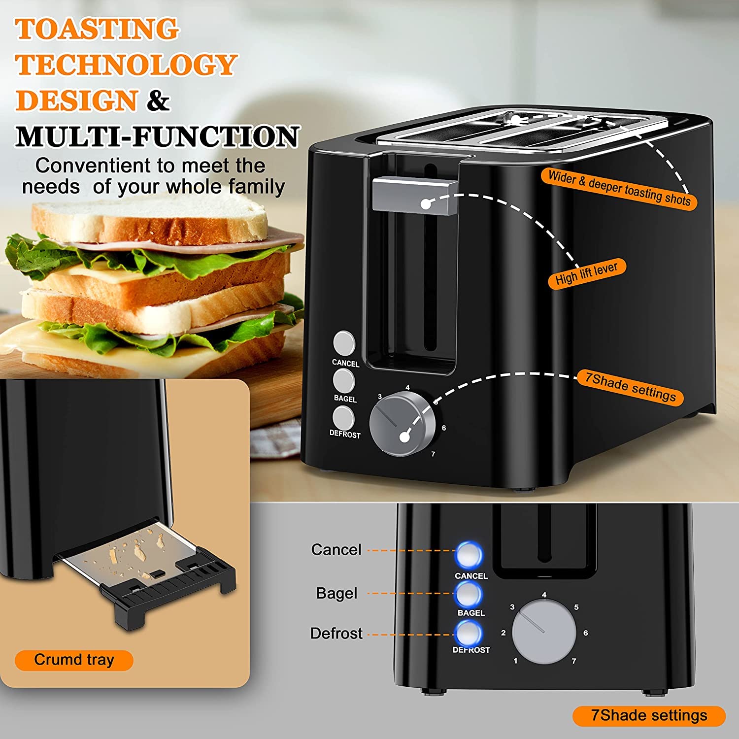 Toaster 2 Slice - Black Toaster Best Rated Prime Wide Slot Toasters the Best 2 Slice Wide Toaster for Bagel Bread Waffle Two Slice Toaster with 7 Bread Shade Settings & Removable Crumb Tray
