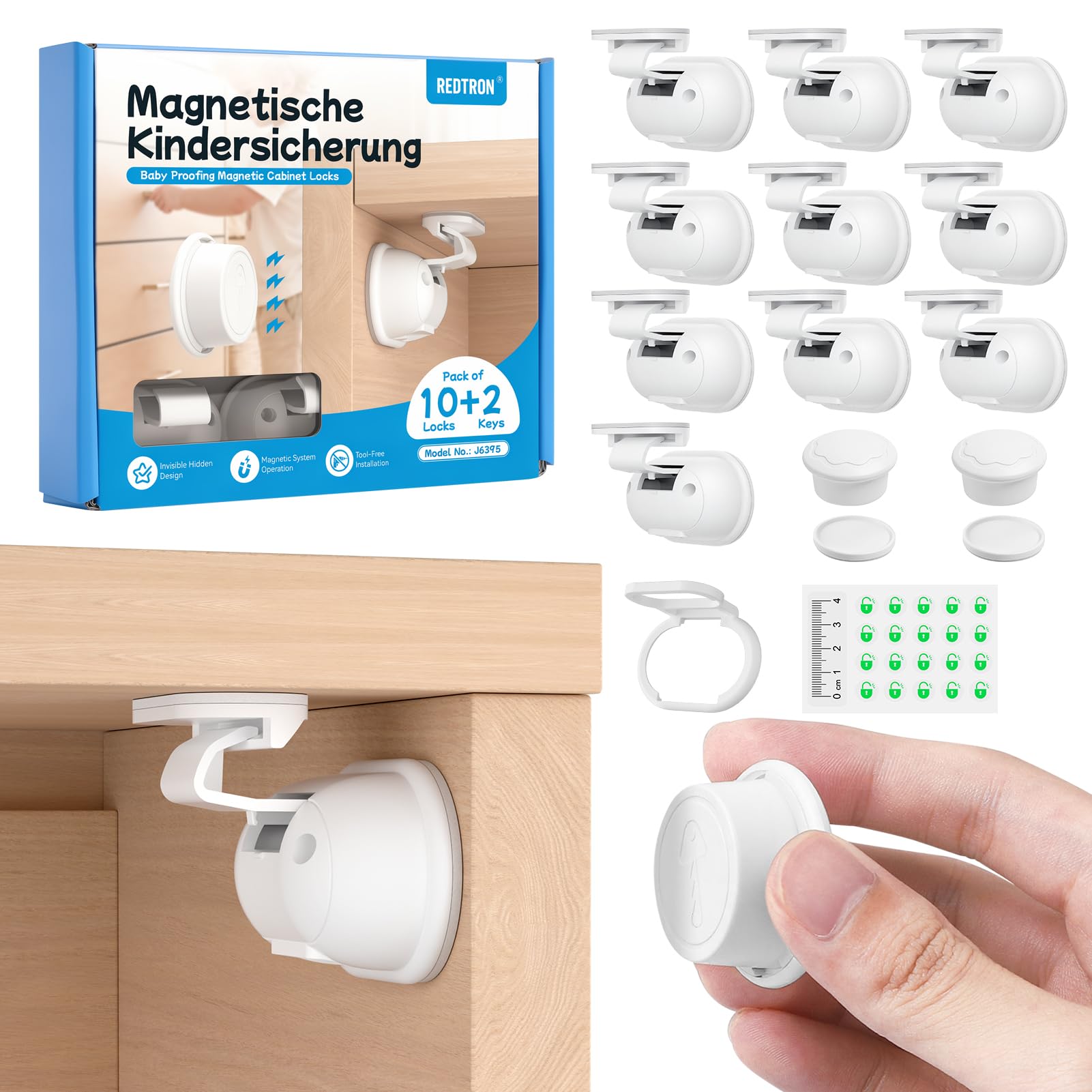 REDTRON Magnetic Child Safety Cupboard Locks,Baby Proofing Locks with 10 Locks & 2 Keys,Invisible Design,Baby Safety Cabinet Locks for Kitchen,Bathroom,Bedroom,Living Room (White)