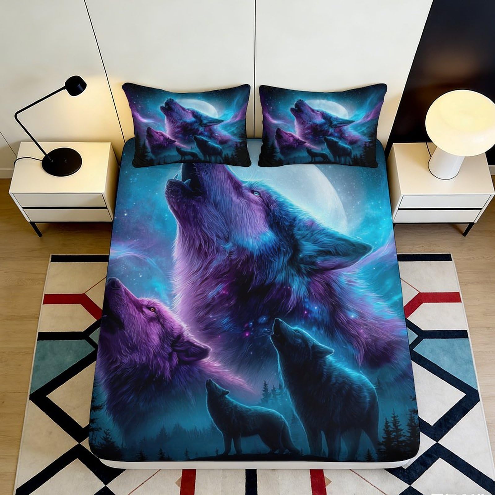 3D Printed Howling Wolf Fitted Sheet Microfiber Soft Breathable Moon Night Mattress Cover for Bedroom Dorm Decor 90x200x25cm