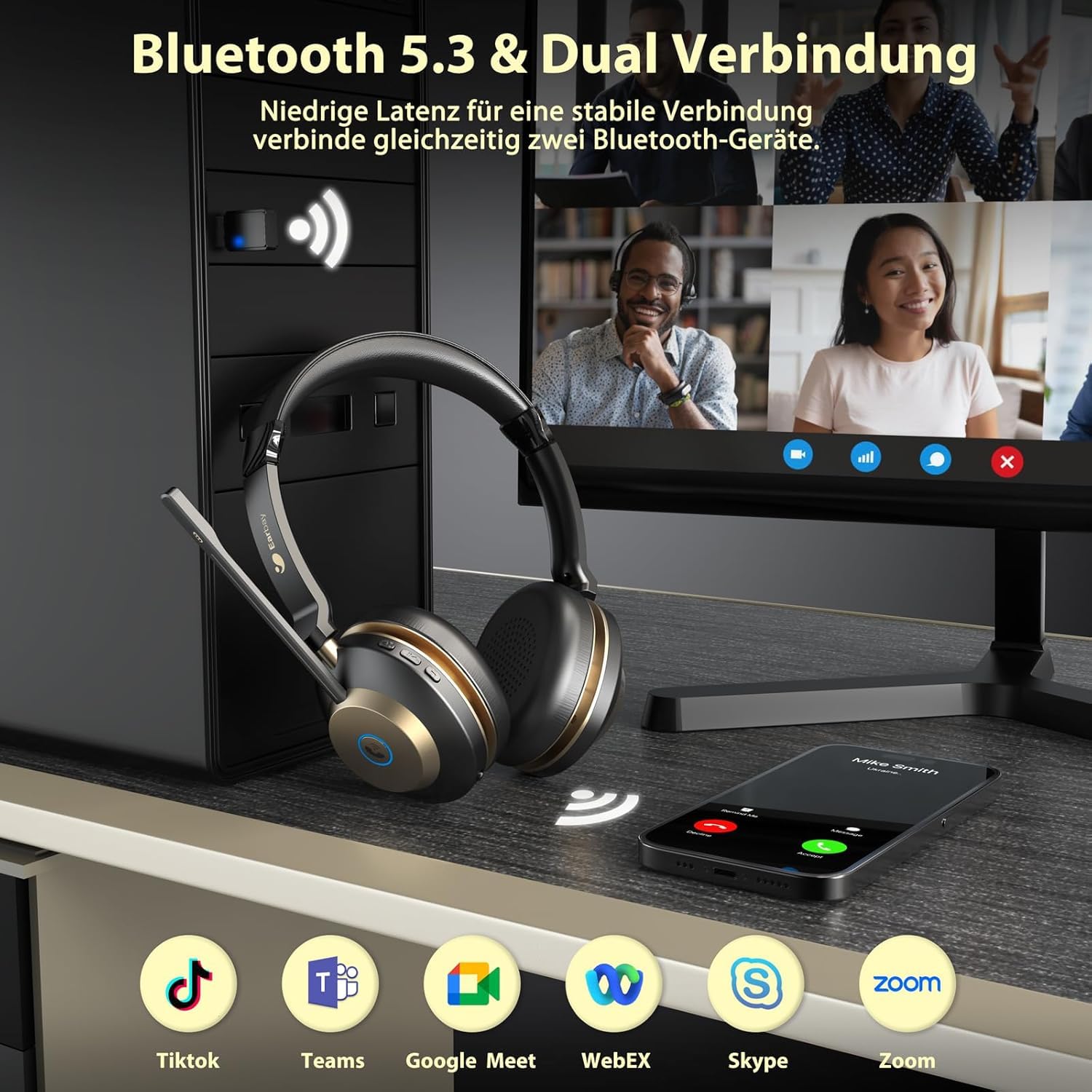 Earbay Headset mit Mikrofon Bluetooth, Headset kabellos KI-Geräuschunterdrückung & USB-Dongle, Bluetooth Headset mit Mikrofon Stummschaltung & Ladestation für PC/Meeting/Call Center/Home/Office
