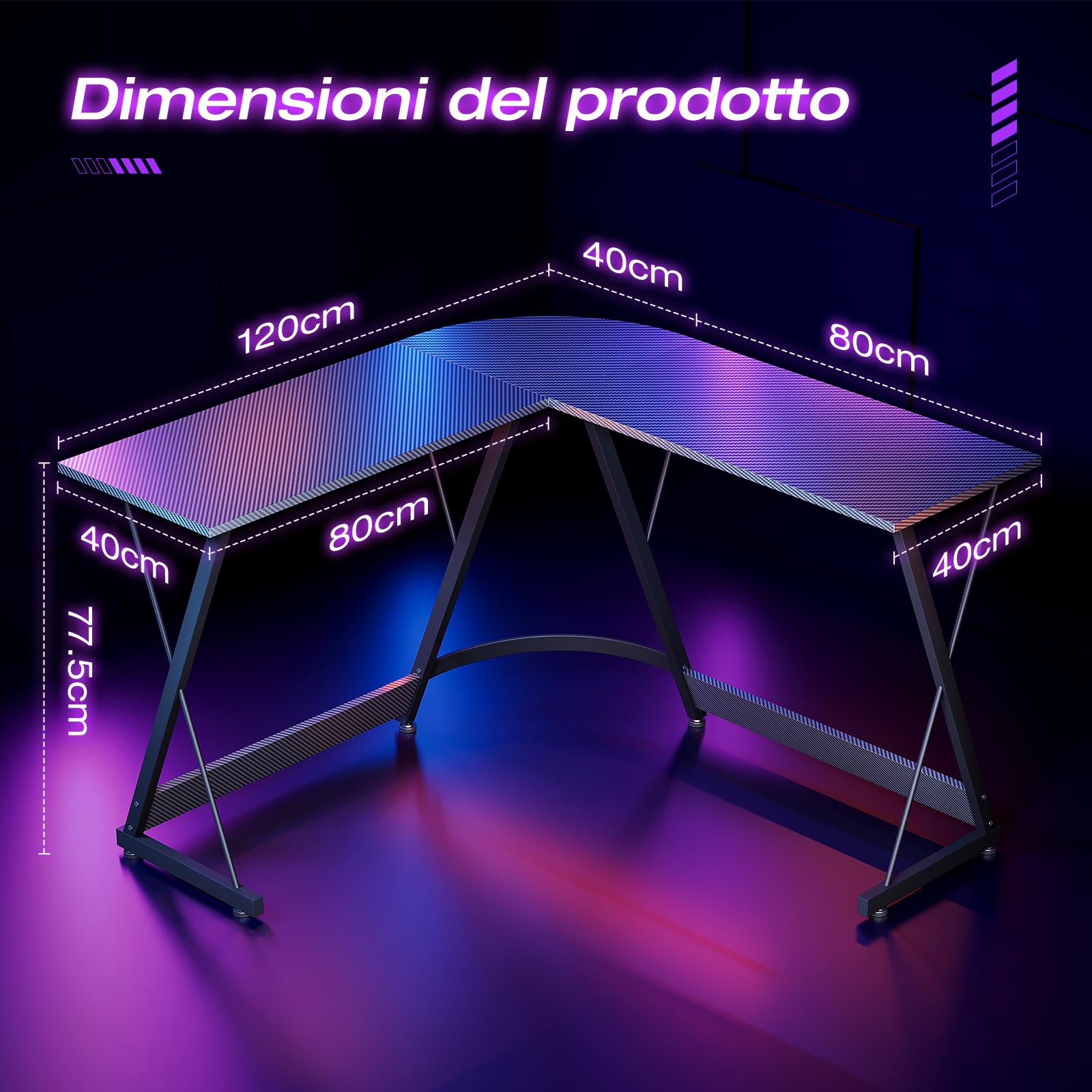 ODK Scrivania Gaming, 120 x 120 cm Scrivania ad Angolo, Tavolo Gaming stabile ed economico per giochi, ufficio a casa e studio, Fibra di carbonio nera