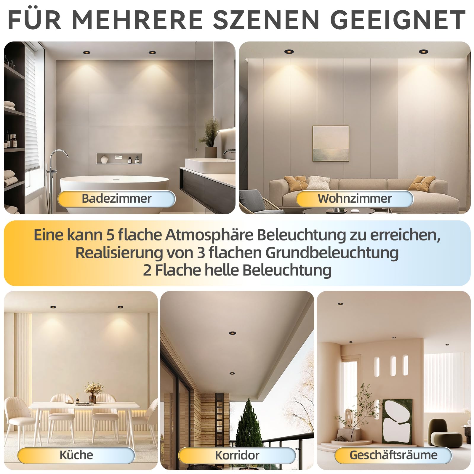 4er Einbaustrahler LED Dimmbar Deckenpots IP65, 5W 550lm Einbauspots 230V Modul, 3000K/ 4000K/ 6500K für Küche Flur, CRI90+ Blendfrei Ø70mm