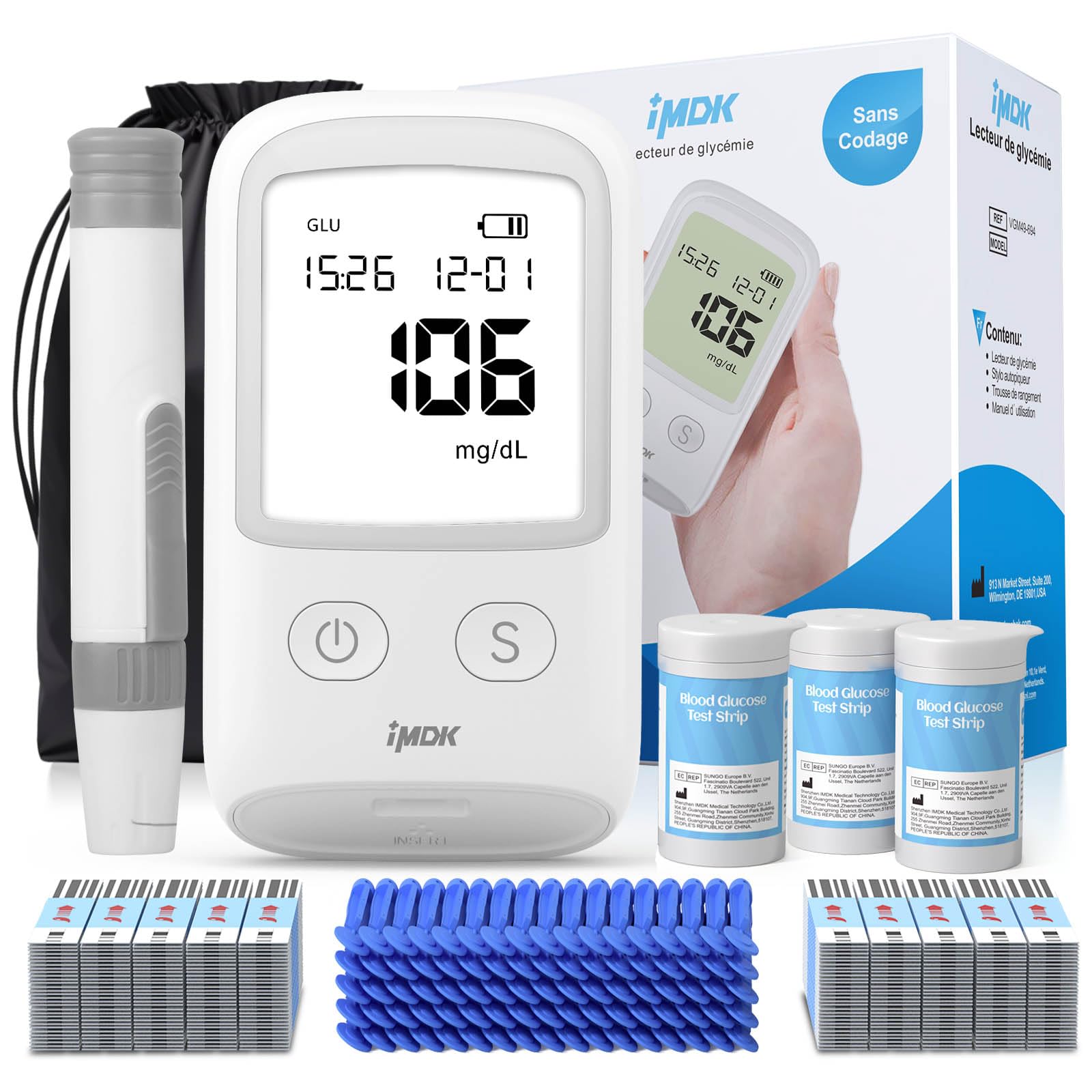 IMDK blood glucose monitor kit with 150 glucometer strips and 100 lancets