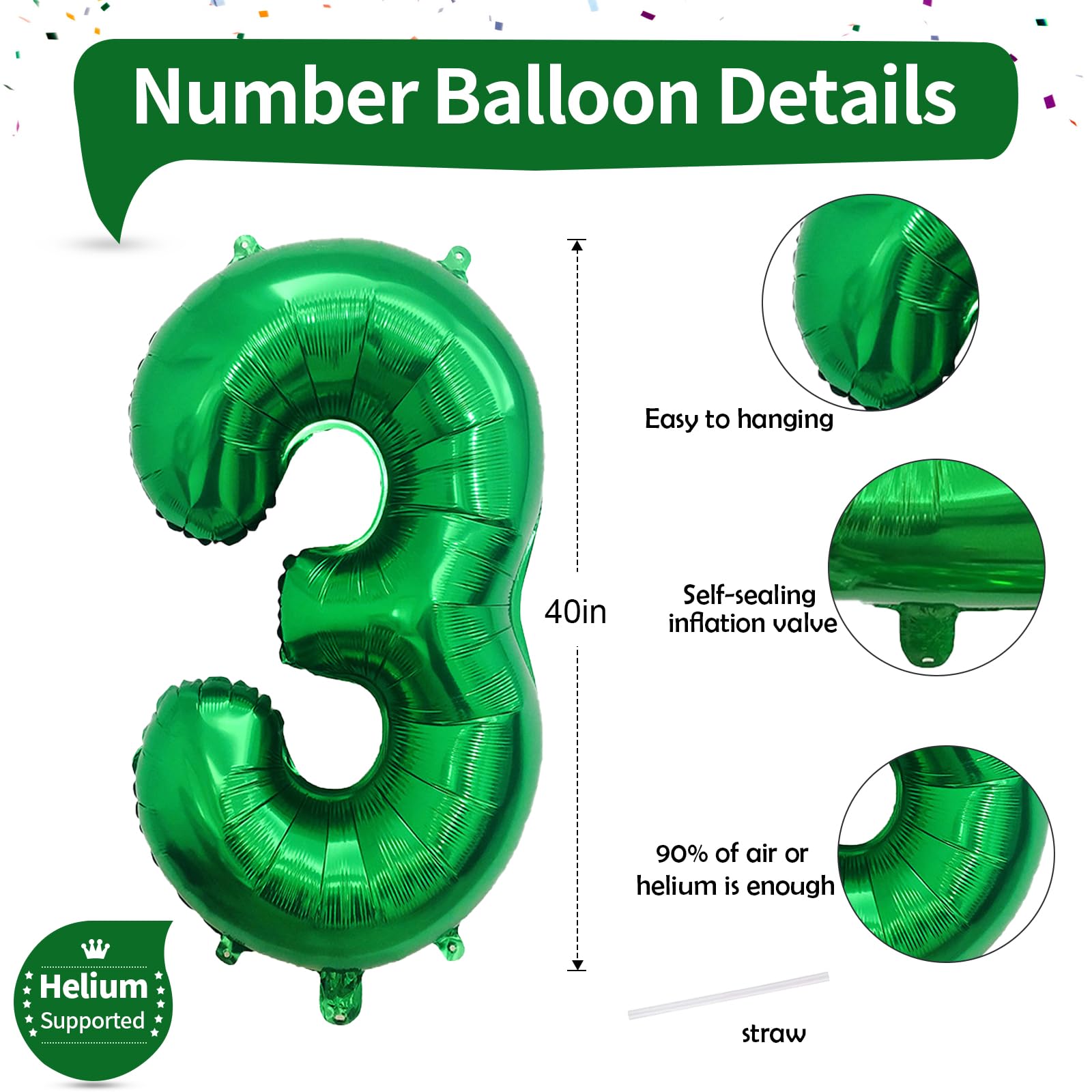 Isndare Luftballon 3. Geburtstag für Mädchen, Große Grün Folienballon 0–9 Set, 40 Zoll Helium Dunkelgrün Zahlen 3 Ballon für Kinder Jungen Geburtstag Party Deko Mann Frau Jungle Dino Party Dekoration