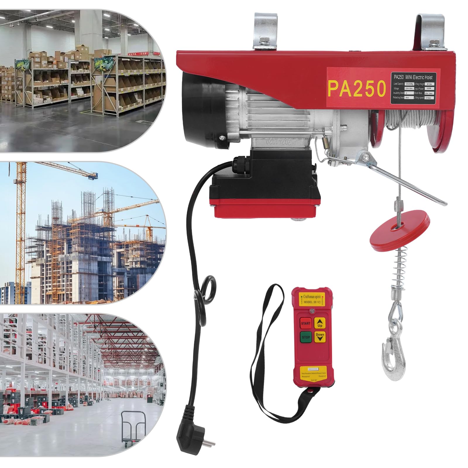 Cabrestante eléctrico, polipasto eléctrico, polea eléctrica con mando a distancia inalámbrico, cable eléctrico, suspensión simple y doble (250 kg)