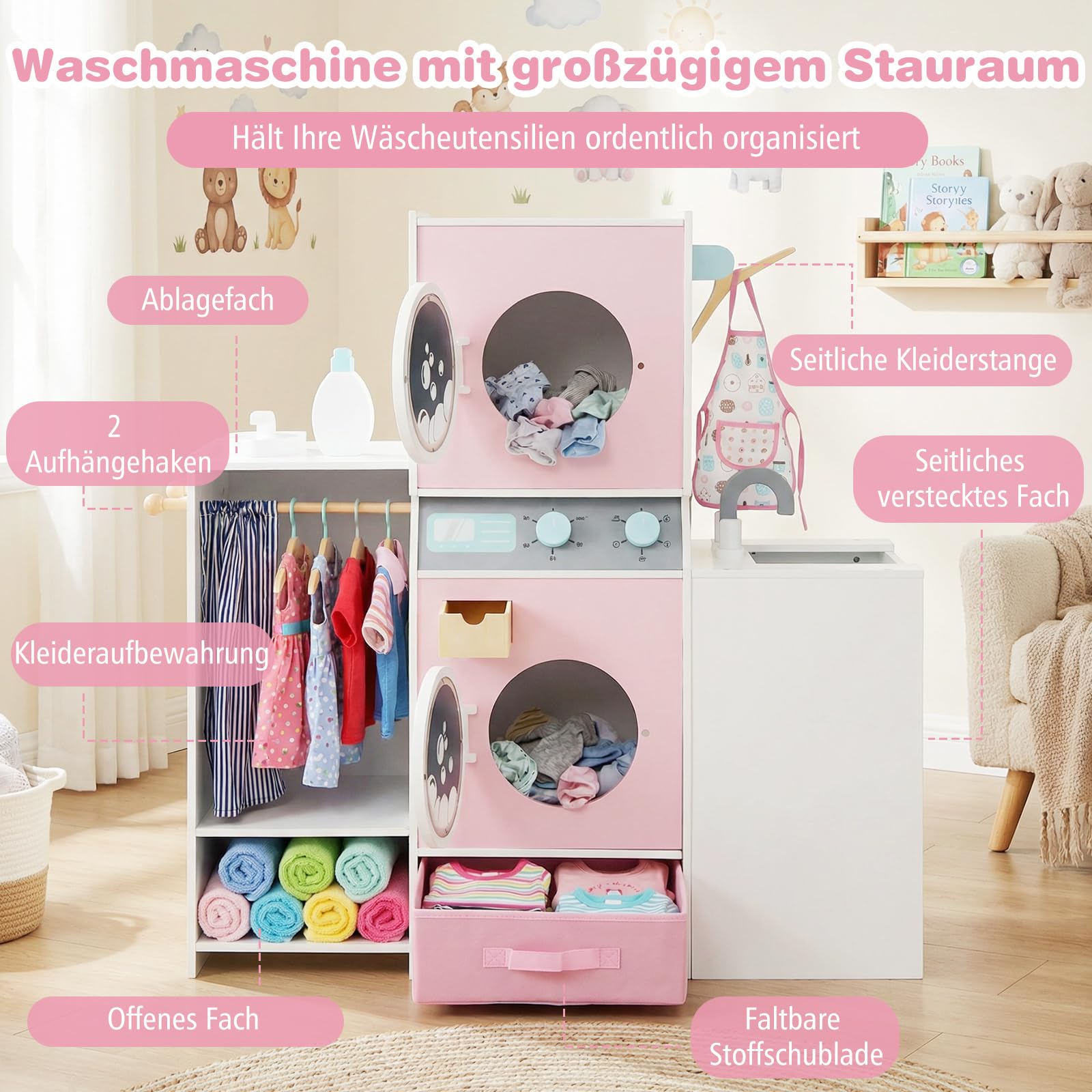 COSTWAY Kinder Waschmaschine Holz, Spielzeug Waschmaschine-Set mit Waschmittel, Bügeleisen, Kleiderbügeln & Stoffschublade, Wäsche-Set für Kinder ab 3 Jahren