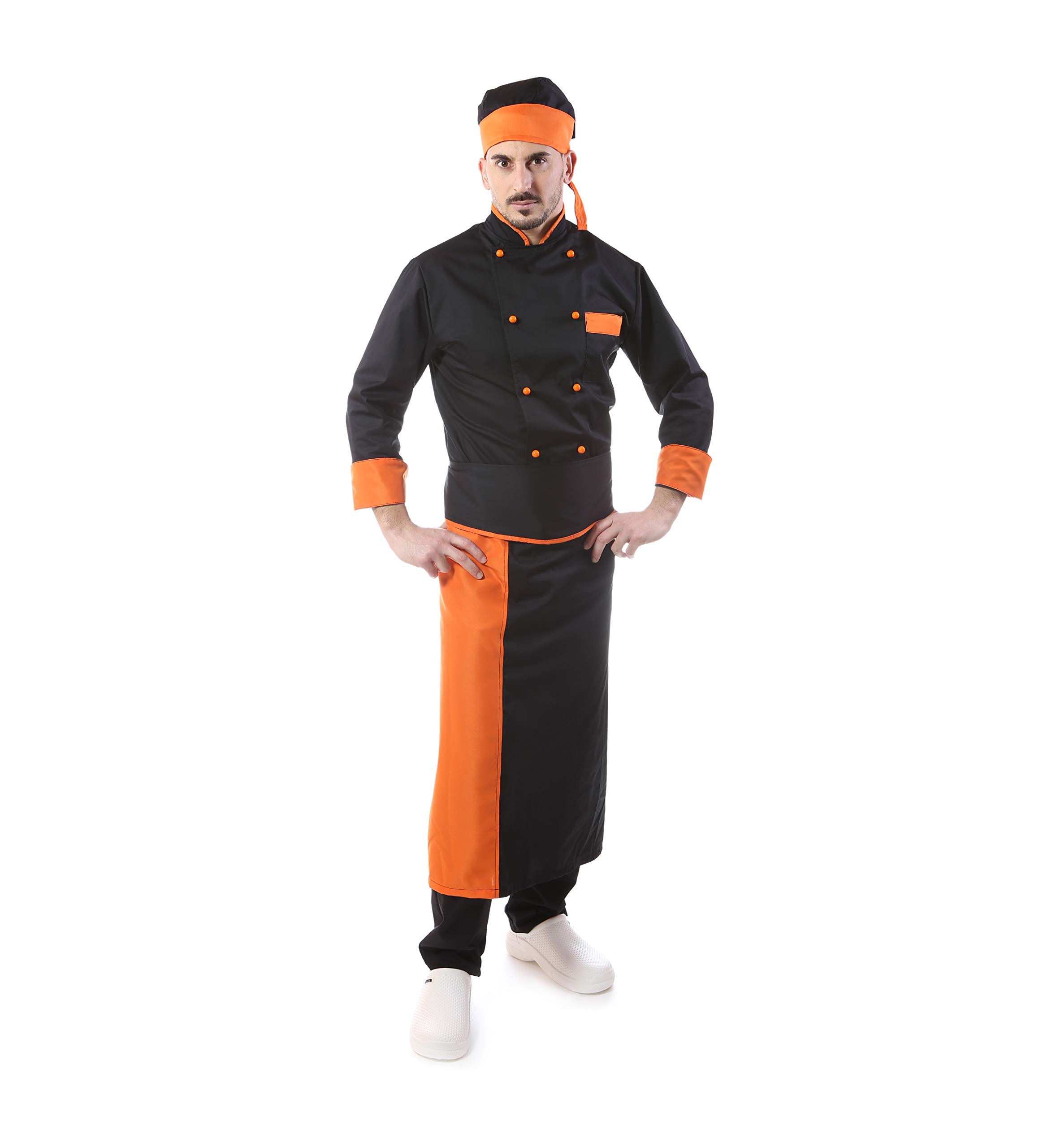 Completo Cuoco Arancio, Divisa Uomo Chef, 100% Cotone, 4 PZ Giacca Pantalone davantino Bandana, Ricamo Gratuito, per Cucina e Ristorante, Made in Italy (L)