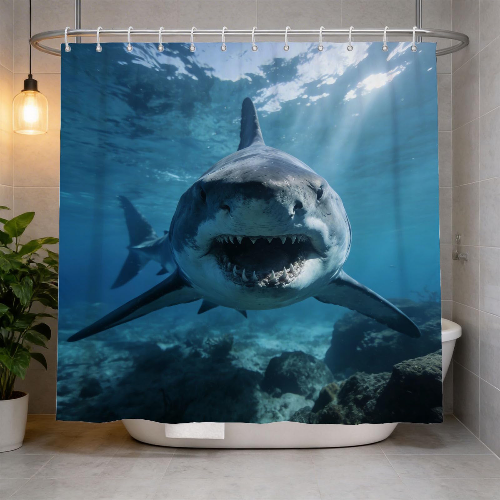 Hongduo 3D Shark Pattern Shower Curtain for Stalls Bathtubs Ocean Marine Theme Bathroom Decor Shower Curtain Set Polyester Fabric Waterproof 200x200cm/79X79 Inch with Hooks