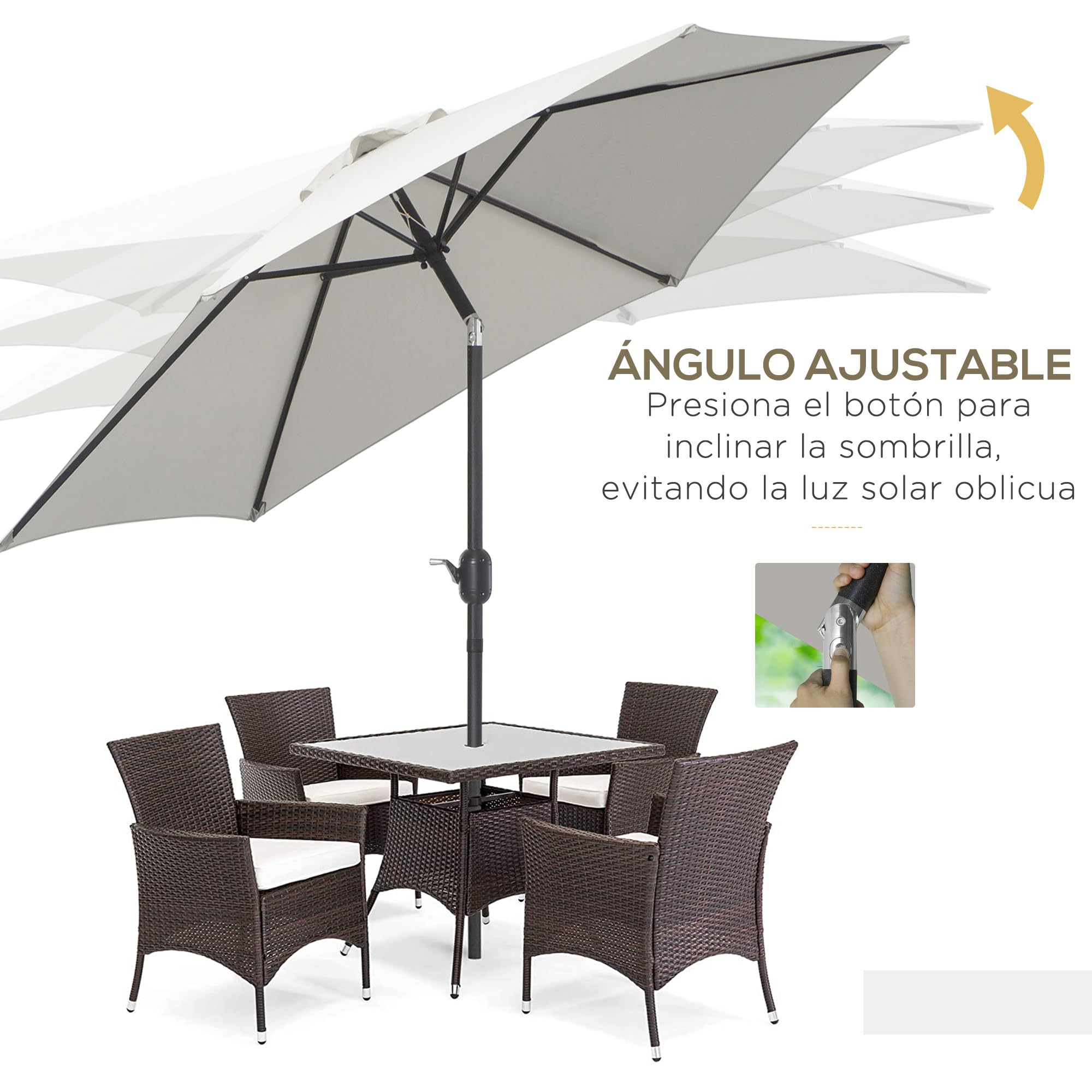 Outsunny Sombrilla de Jardín, Ø260x235 cm, Parasol de Jardín Reclinable con Manivela, Poste Desmontable de Aluminio y 6 Varillas de Metal, para Terraza, Exterior, Balcón, Crema