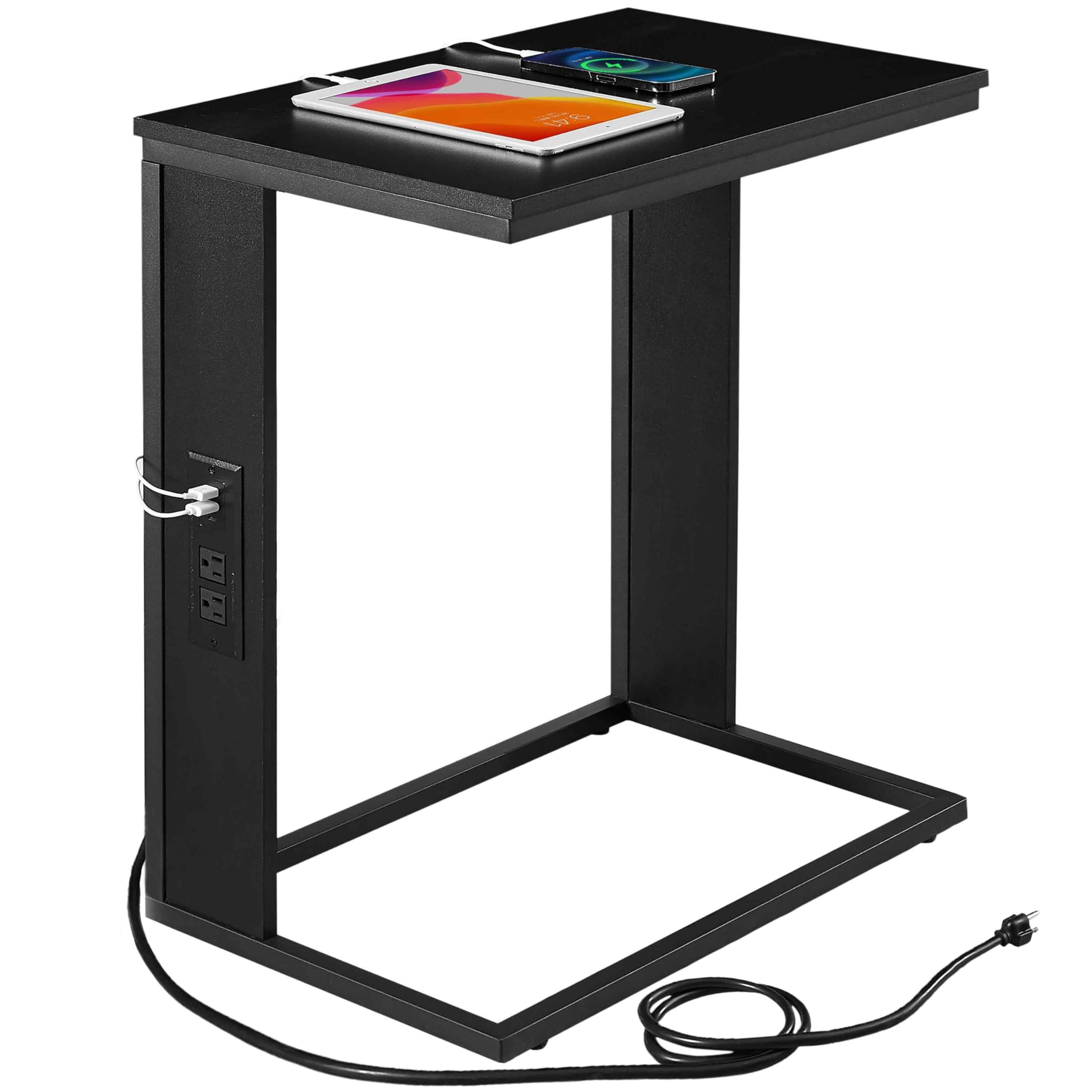 Vagusicc C Shaped End Table with Charging Station, Small Couch Side Table with Outlets and USB Ports for Living Room, Bedroom, Sturdy Slide Under Sofa Table C-Shaped Snack Table with Metal Frame 27 "H