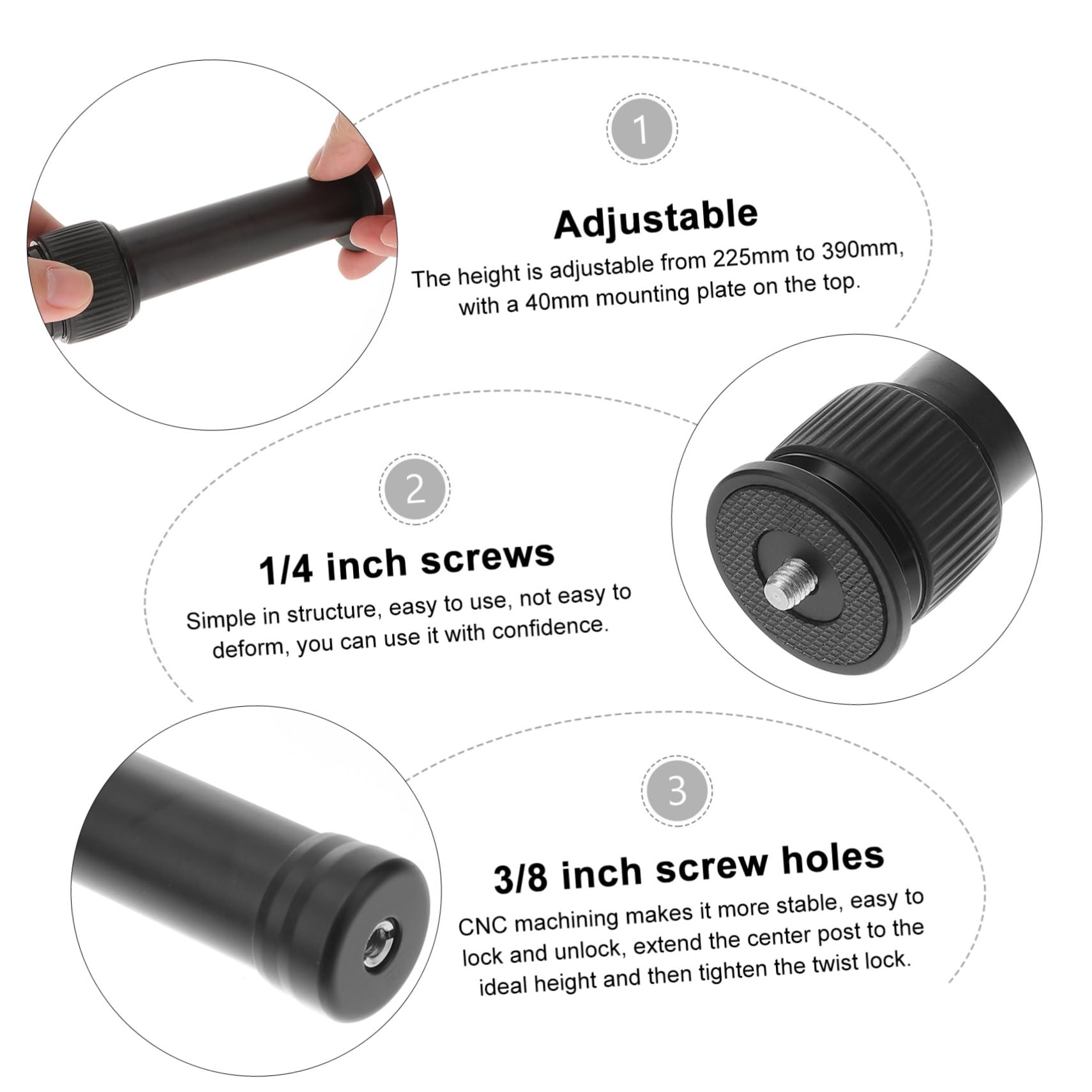 Yardenfun Tripod Extension Pole for 1/4'' Screw /8'' Bottom Holes Aluminum Alloy 225-390mm