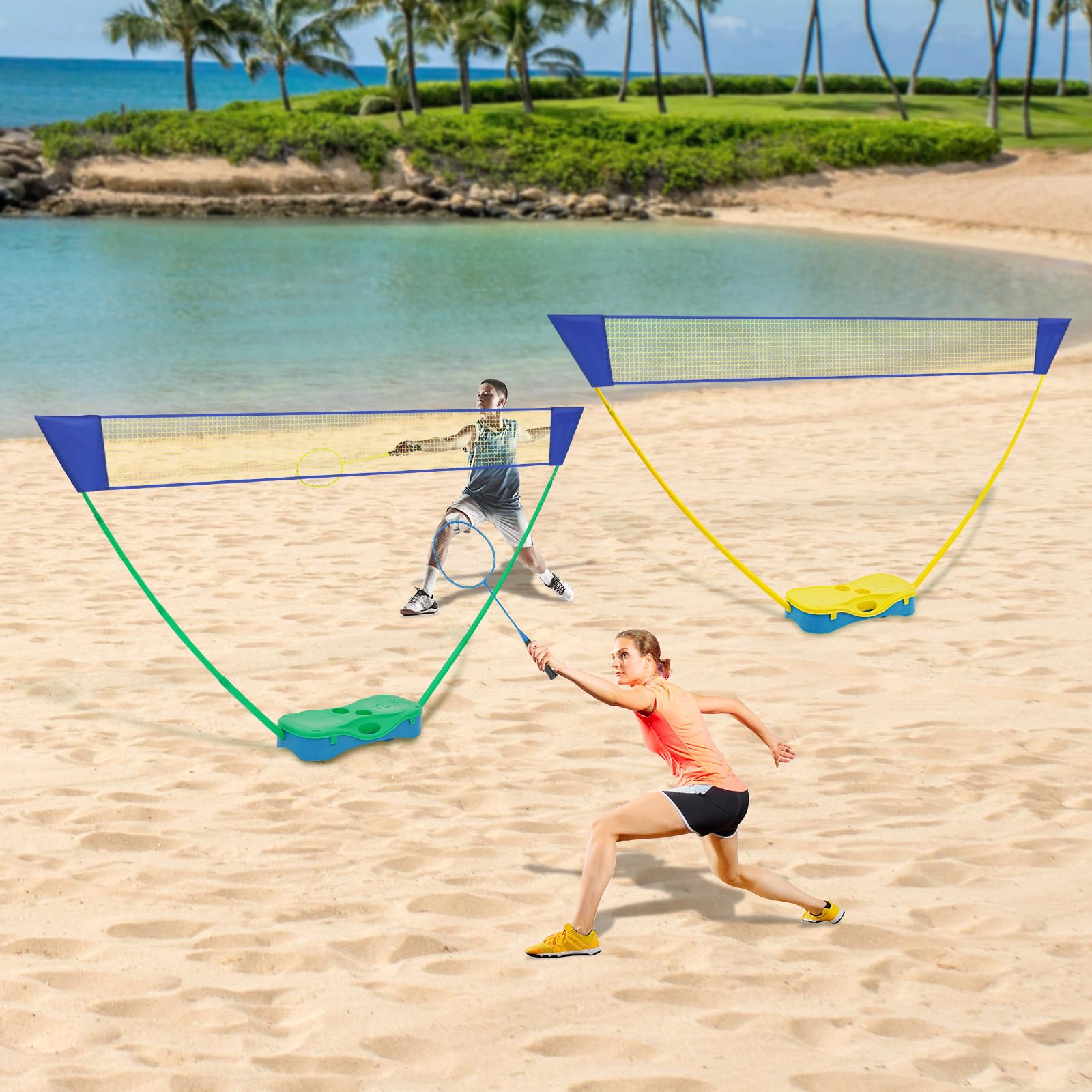 Set da badminton leggero e portatile, con rete da 3 m, 2 racchette e 2 pali regolabili, base stabile per giardino, spiaggia, terrazza e parco