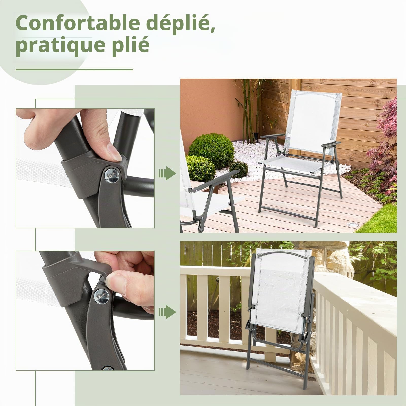 GIANTEX Lot de 4 chaises de Jardin Pliantes à Dossier Haut, pour Balcon, terrasse, avec Dossier et accoudoirs Hauts, en métal et Textile, Charge maximale : 150 kg, Blanches
