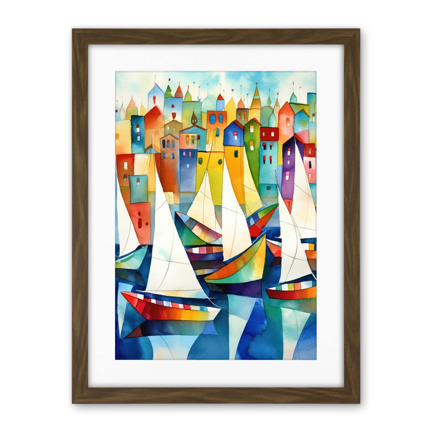 Artery8 Harbour Boats Folk Art Watercolour Painting Artwork Framed Wall Art Print 18X24 Inch