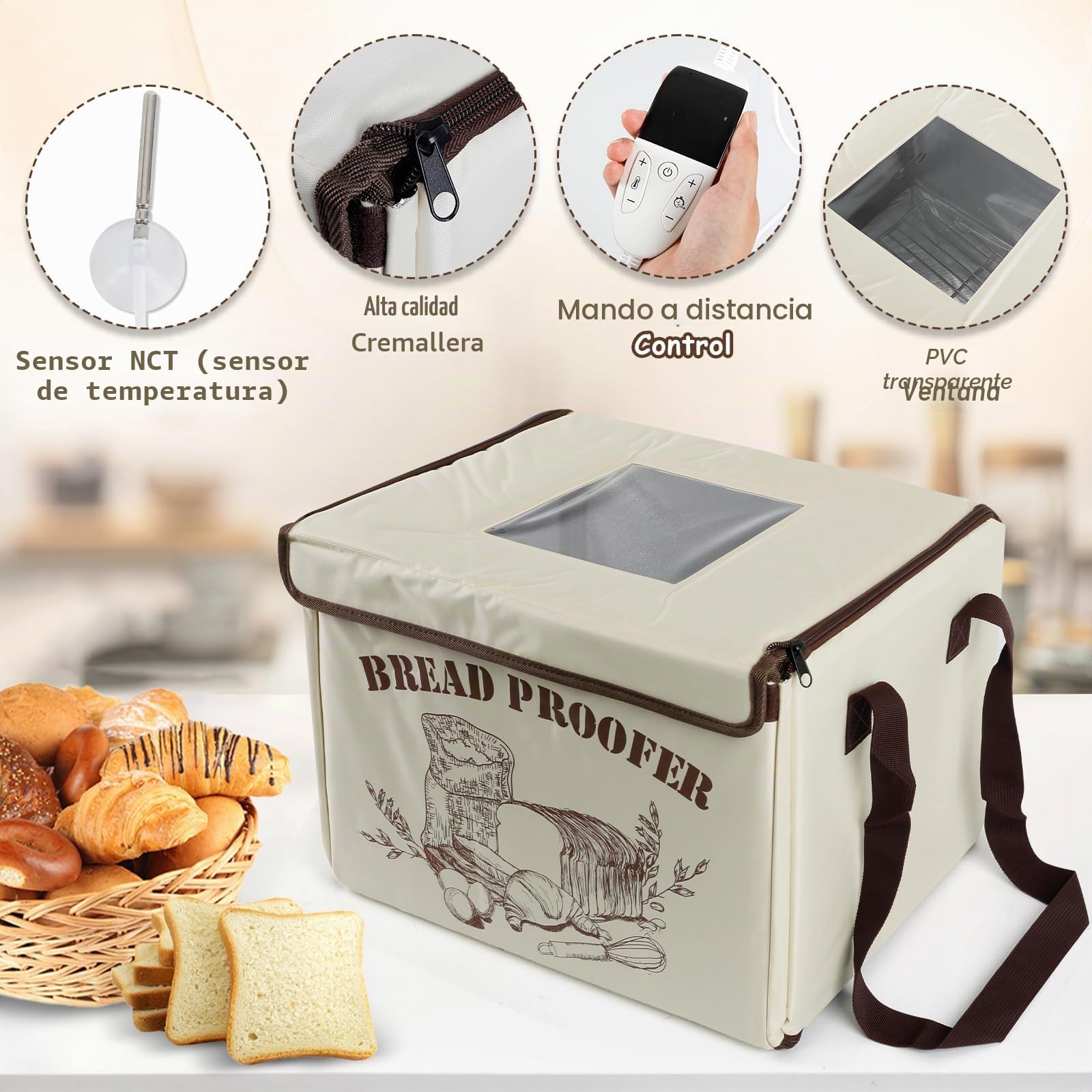 Caja de Fermentación para Pan 36L con Calefacción de 3 Lados y NTC | Caja de Fermentación Plegable, con Bandeja de Metal, Temperatura y Temporizador, para Pan, Yogur, Pizza, Enchufe UE