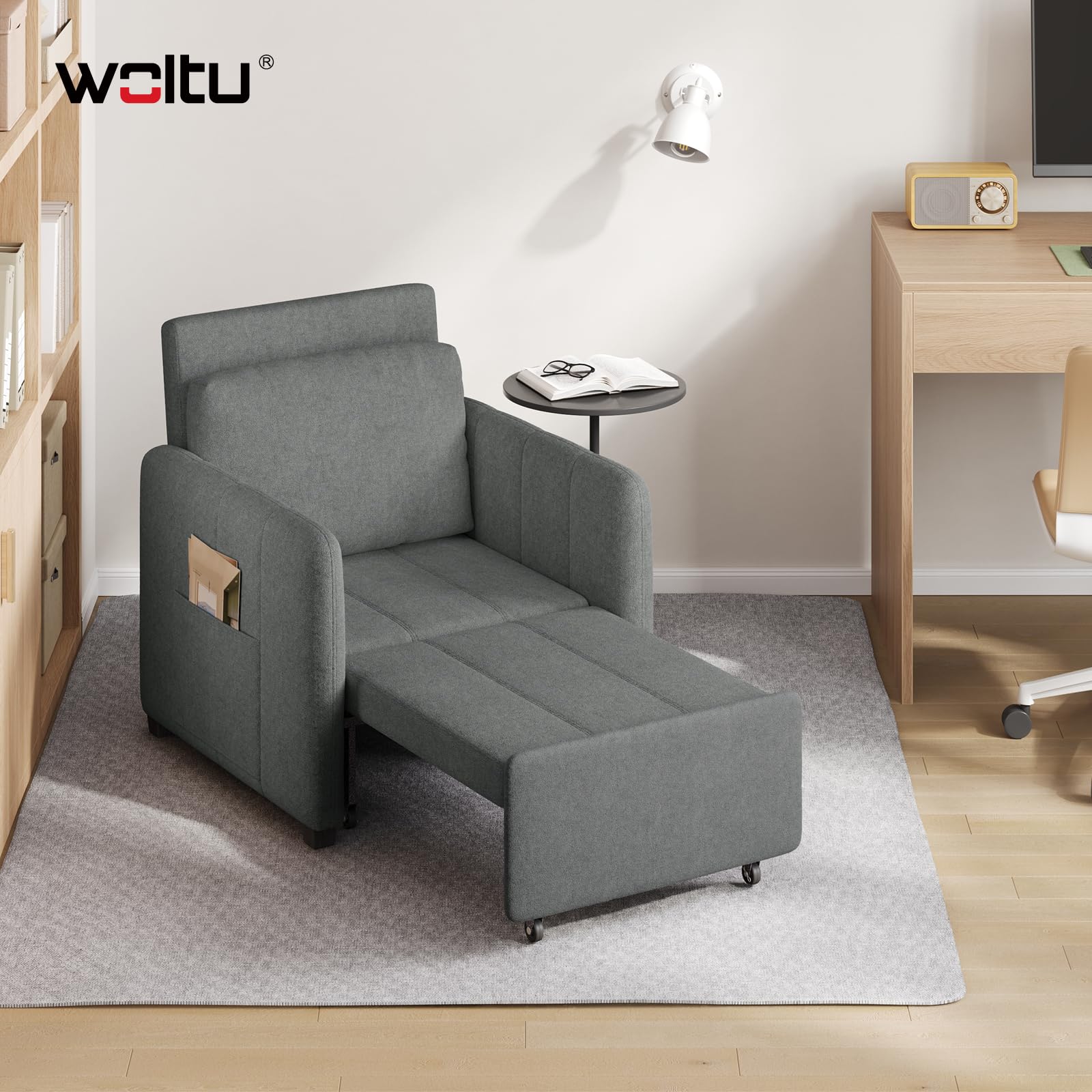 WOLTU 3-in-1 Schlafsessel, mit 5-Fach verstellbare Rückenlehne, Dunkelgrau | Schlafsofa mit Seitentasche, zu 235 cm verlängern, bequemer Lesesessel platzsparend, bis 150 kg, 76,5 x 85 x 82,5 cm