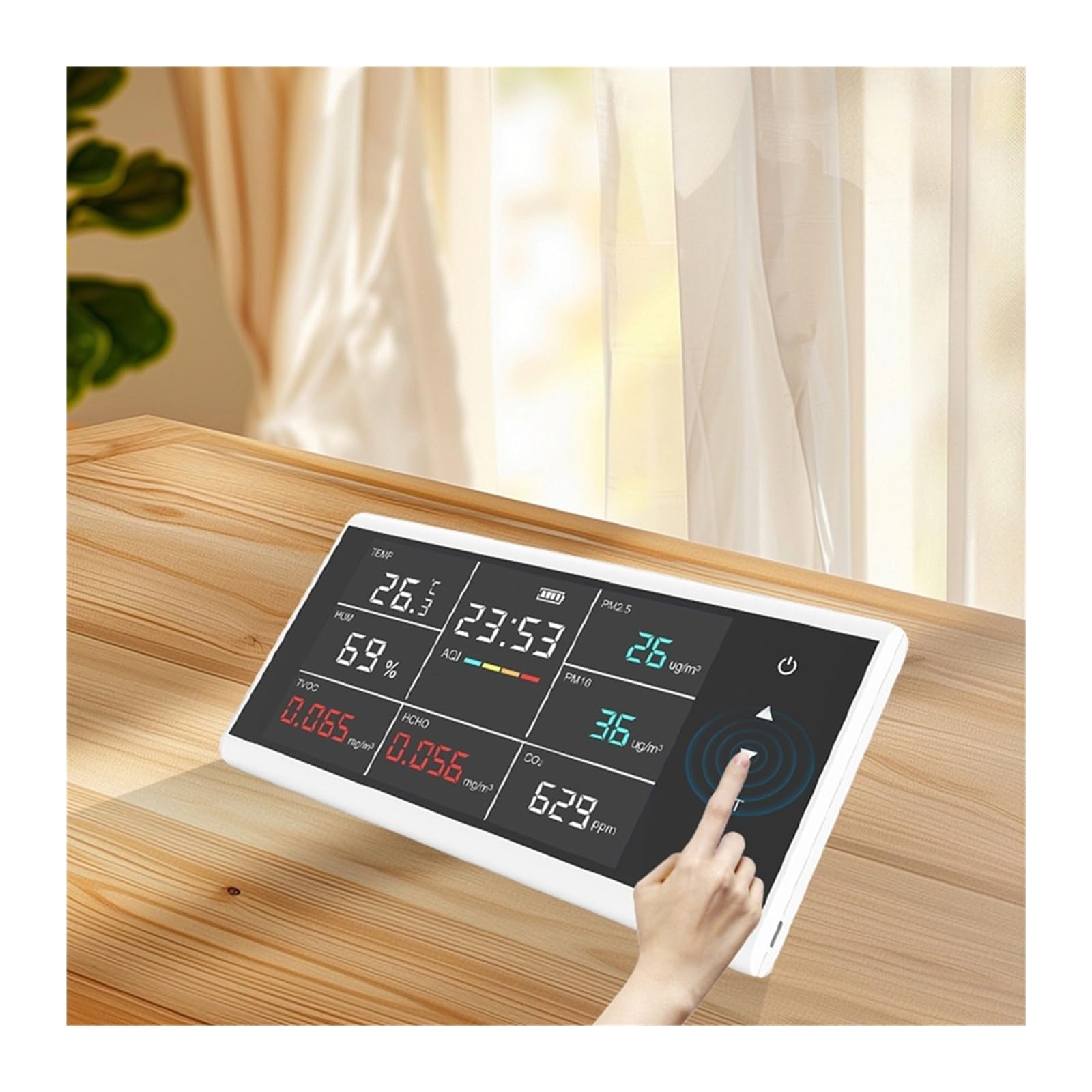 DM155C 9 in 1 Rilevatore di qualità dell'aria CO2/PM2.5/HCHO Monitor multigas da tavolo con display touch for la casa Interno/esterno