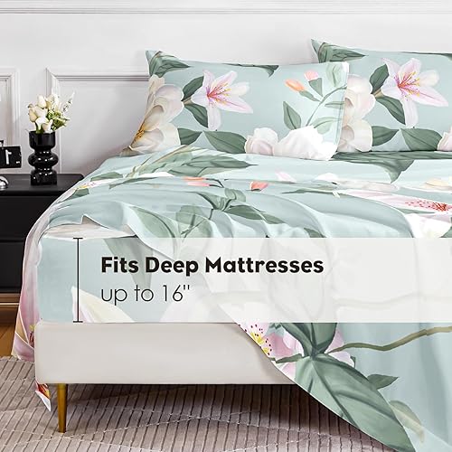Miniatura 3 de Juego de sábanas de tamaño matrimonial, estampado floral, lujosas sábanas de microfibra cepillada de 90 GSM, juego de sábanas tamaño matrimonial