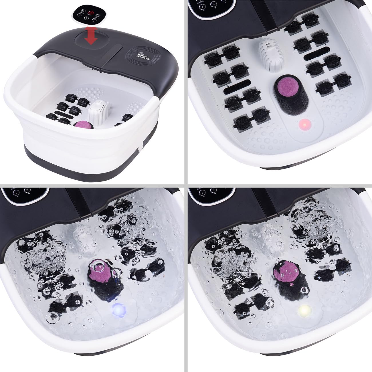newgen medicals Pediluvio Pieghevole con Massaggio a Bolle d'Aria, 16 Rulli, 3 Livelli di Temperatura, Telecomando, 500 W, Bianco/Grigio Scuro