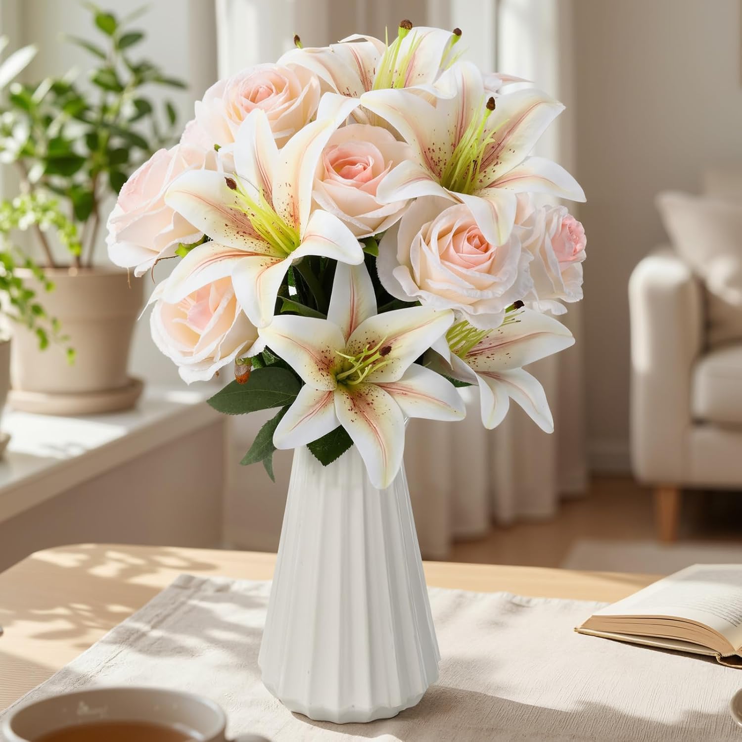 Hotop 20 Pcs Artificial Lily and Rose Flower Bouquet with Long Stem Realistic Silk Fake Floral Arrangement Gift for Mother Day Bridal Wedding Table Centerpiece(Champagne & Pink)