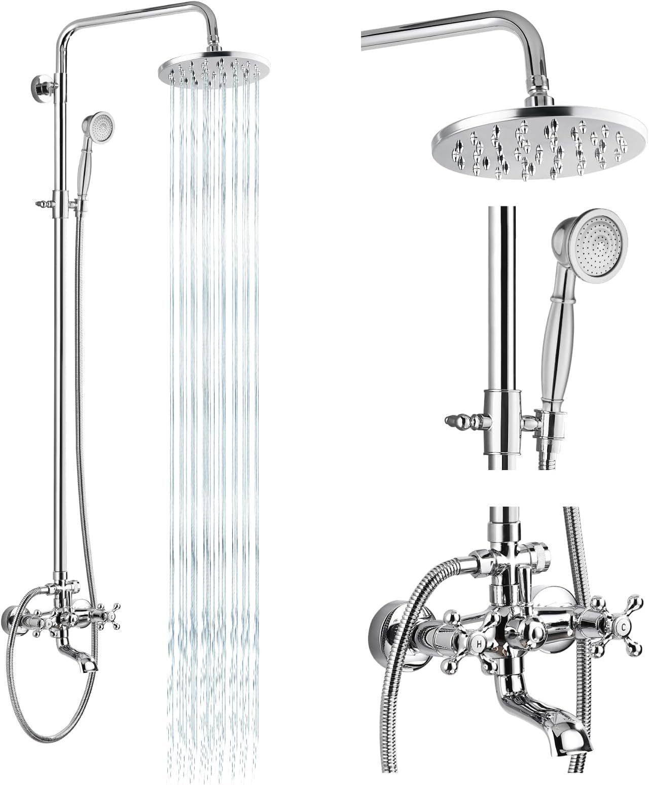 Shower Faucet Set 8 Rain Exposed Pipe Shower 2 Double Knobs Handle Chrome Polish