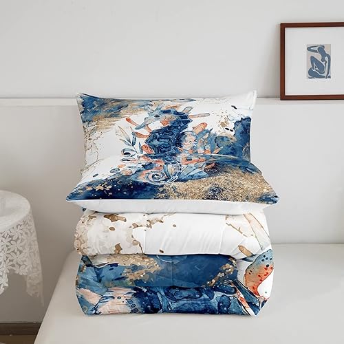 Miniatura 5 de Castle Fairy Juego de edredón de caballito de mar en acuarela para niños, tamaño matrimonial, juego de edredón con estampado de mármol azul