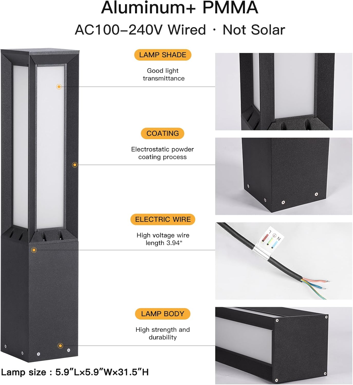 mvbt landscape path light hard wired, 31.5" outdoor pathway lights ac100-240v, waterproof bollard driveway lamp, modern 3000k standing lighting patio lawn tall garden lantern for commercial walkway