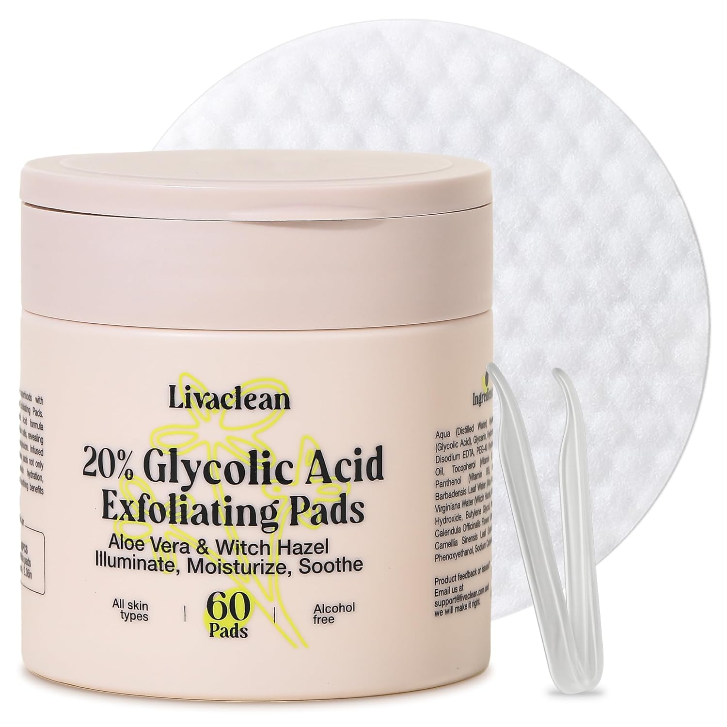 Product image of LivaClean 60 CT 20% Glycolic Acid Peel Pads with Aloe Vera – Resurfacing Toner Pads for Face, Exfoliating Wipes for Fine Lines, Wrinkles, Large Pores, Textured Skin, Includes Tweezer