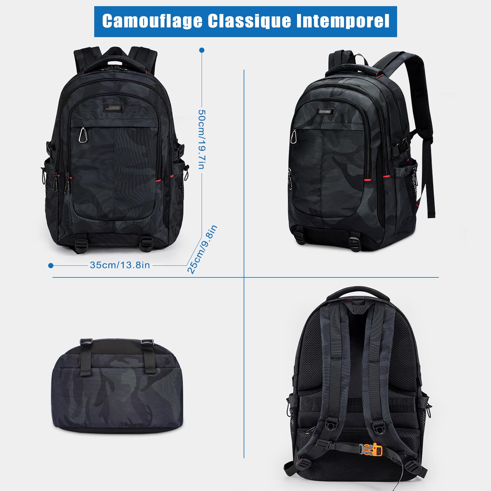 Cartable Garcon Primaire College 50cm Grande Sac à Dos Loisir Homme, Sacs Scolaire pour Ordinateur PC Portable 17 Pouces, Sacs pour Voyage Travail Affaire 12 13 14 15 16 17 18 19 20 10-23 Ans Ado Noir