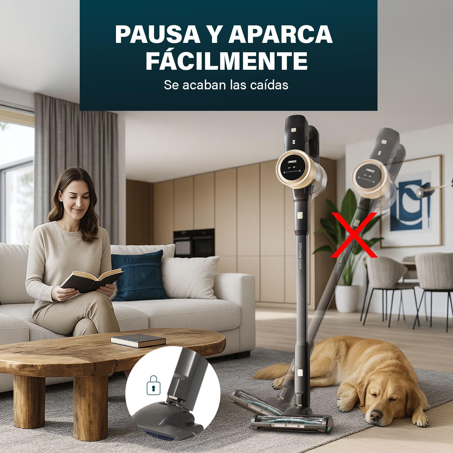 Princess Aspirador de Escoba - 27 kPa - 45 min - 2 en 1 - Motor BLDC - Especialmente diseñado para Pelo de Mascotas - Sin Cable - Sin Bolsa - Ligero - 3 velocidades - Accesorios incluidos - 339395