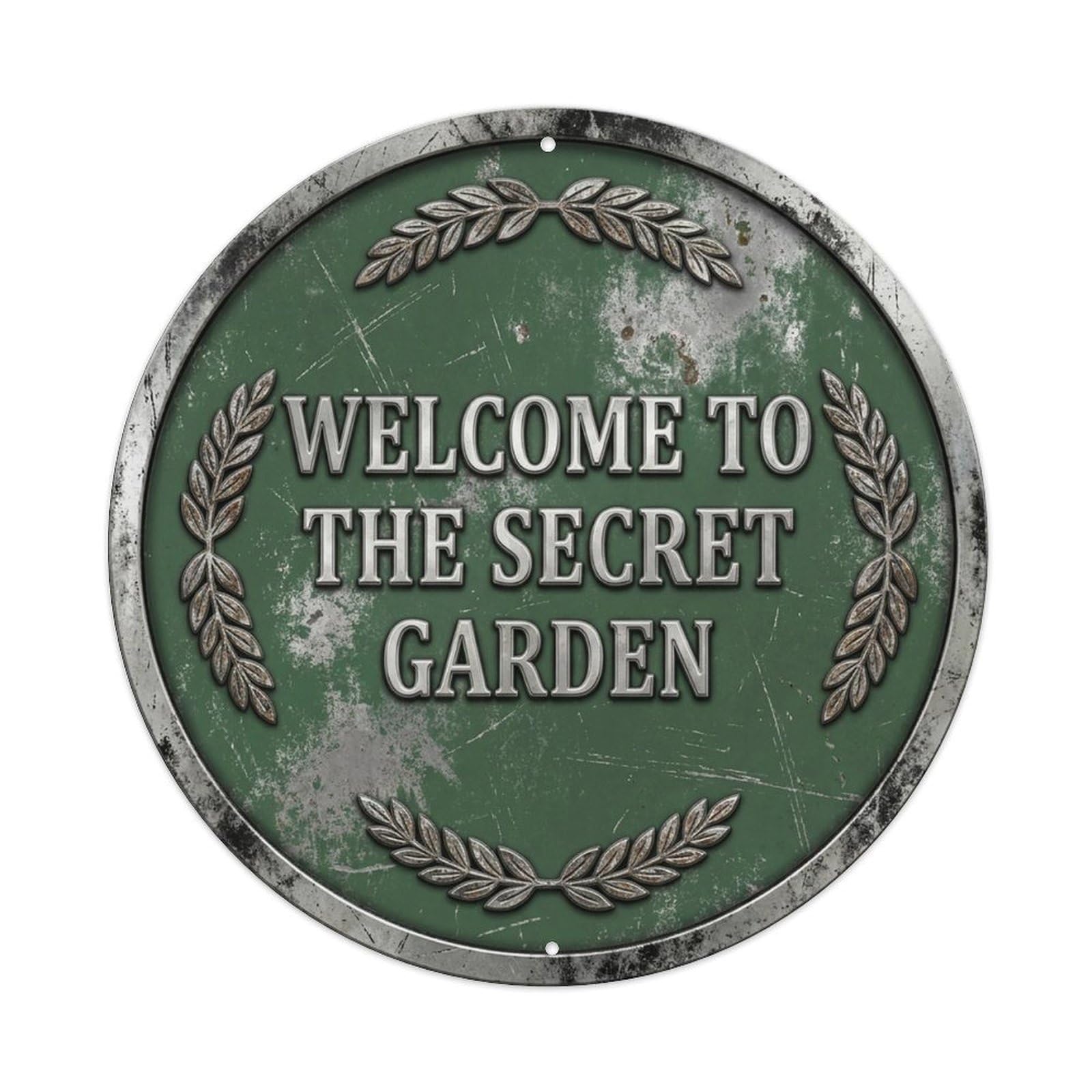 Vintage Welcome Secret Garden Silver Laurel Antique Metal Tin Sign